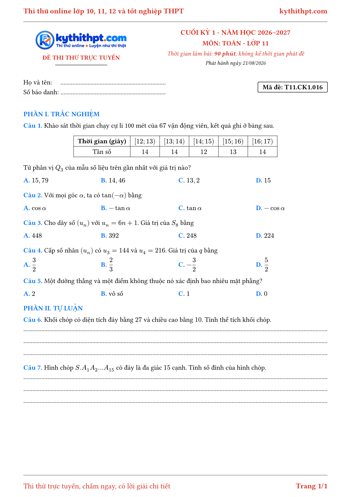 Trang đầu Đề thi thử online cuối kỳ 1 môn Toán lớp 11 - trắc nghiệm + tự luận - đề 016