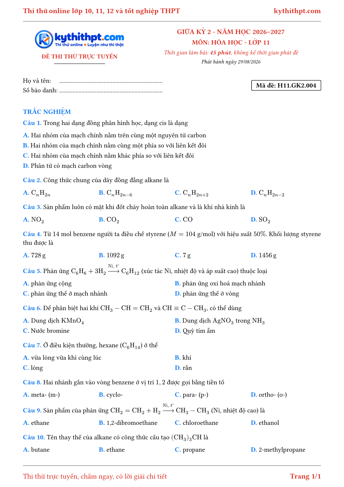 Trang đầu Đề thi thử online giữa kỳ 2 môn Hóa học lớp 11 - full trắc nghiệm - đề 004