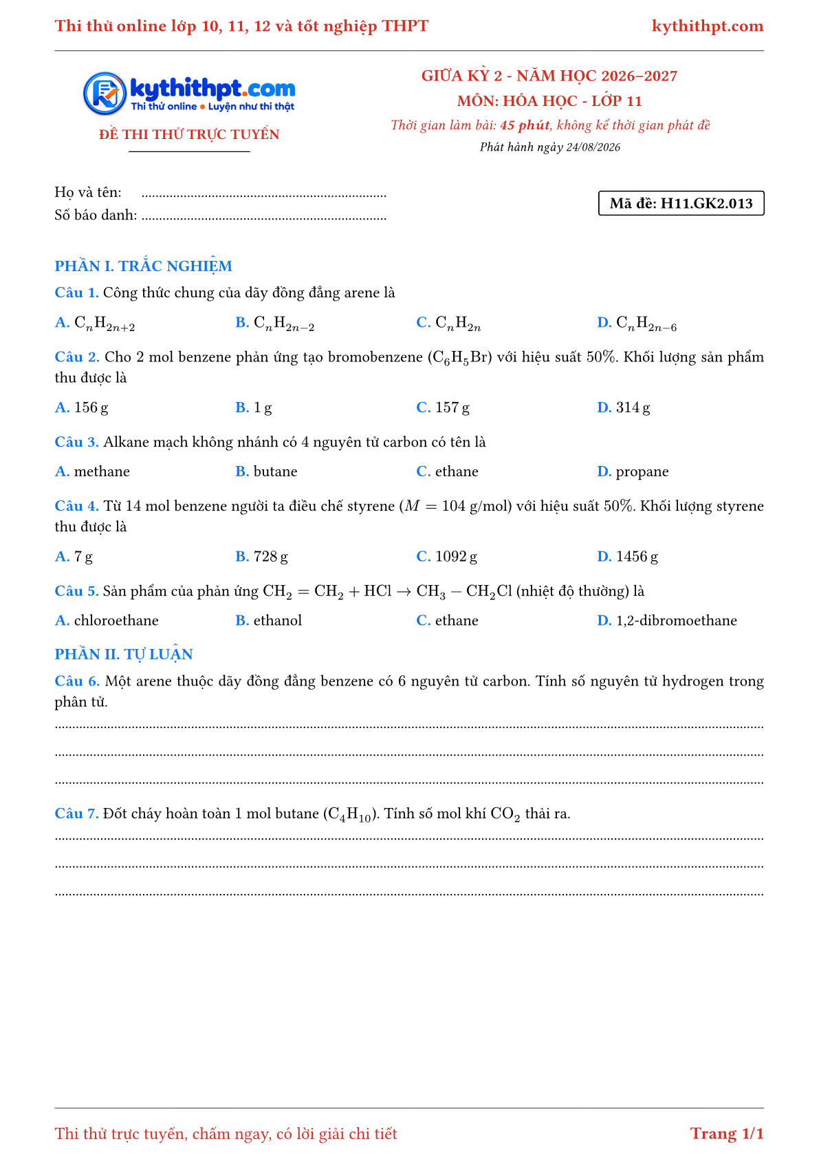 Trang đầu Đề thi thử online giữa kỳ 2 môn Hóa học lớp 11 - trắc nghiệm + tự luận - đề 013