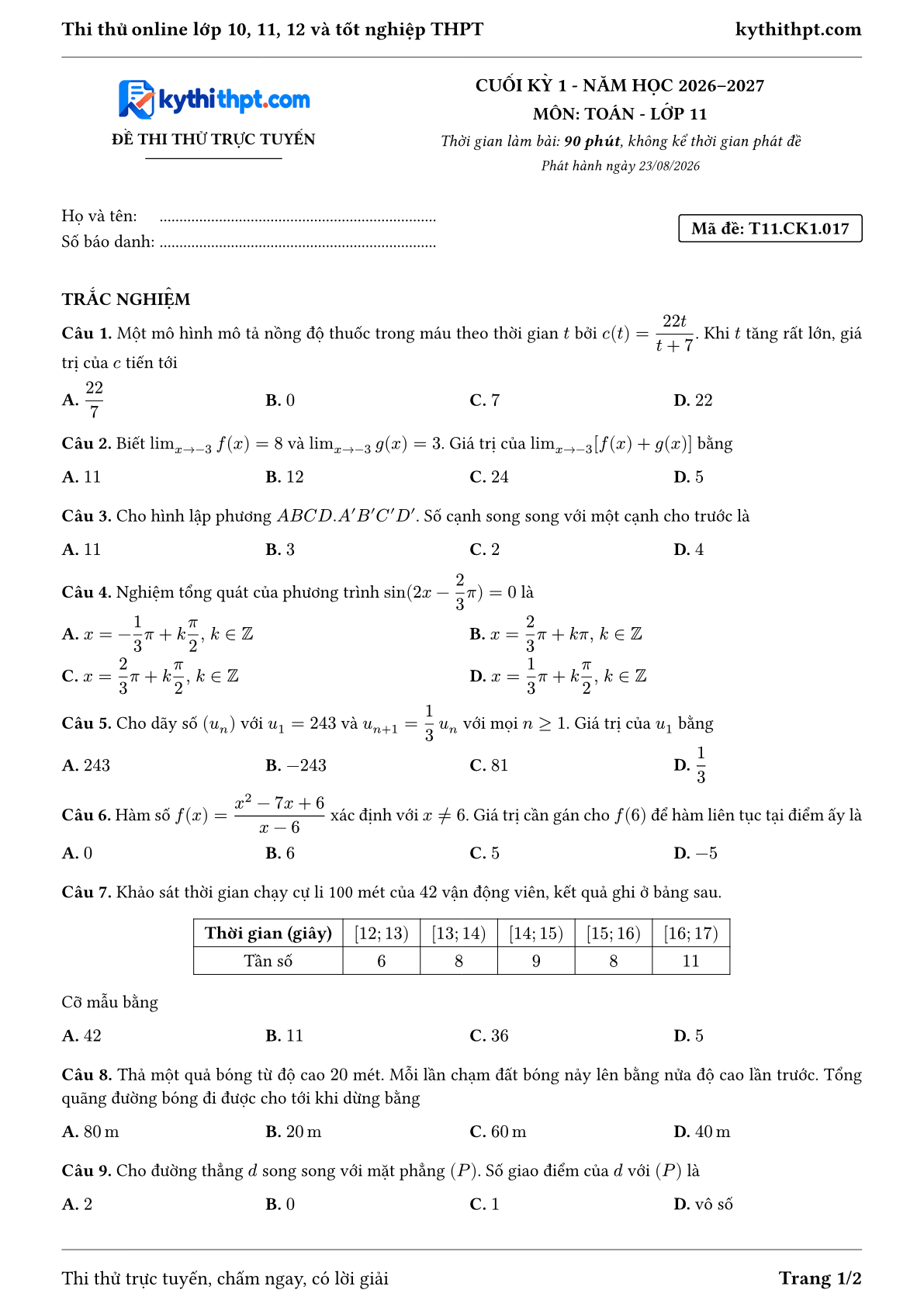 Trang đầu Đề thi thử online cuối kỳ 1 môn Toán lớp 11 - trắc nghiệm + đúng/sai + tự luận - đề 017