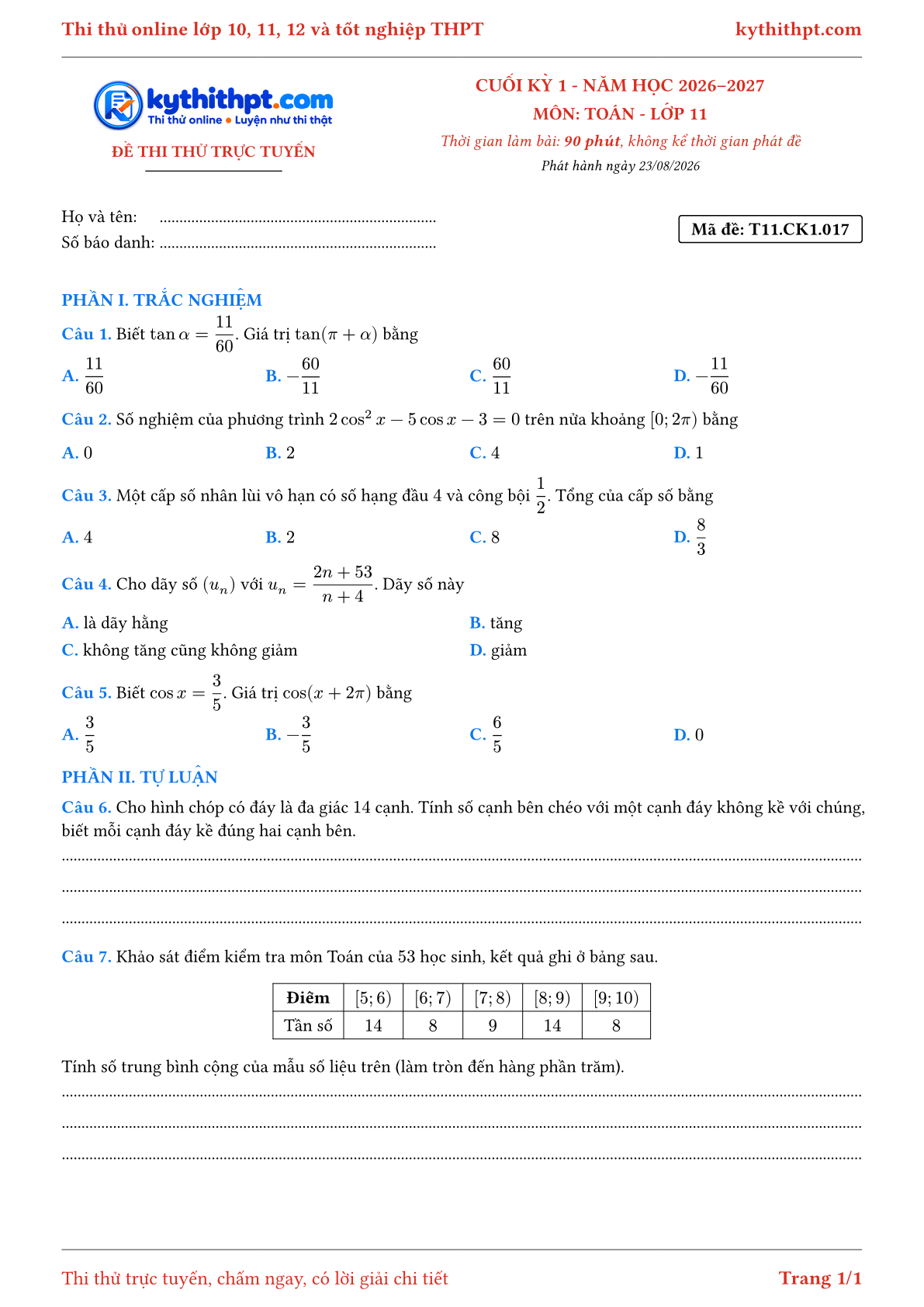 Trang đầu Đề thi thử online cuối kỳ 1 môn Toán lớp 11 - trắc nghiệm + tự luận - đề 017