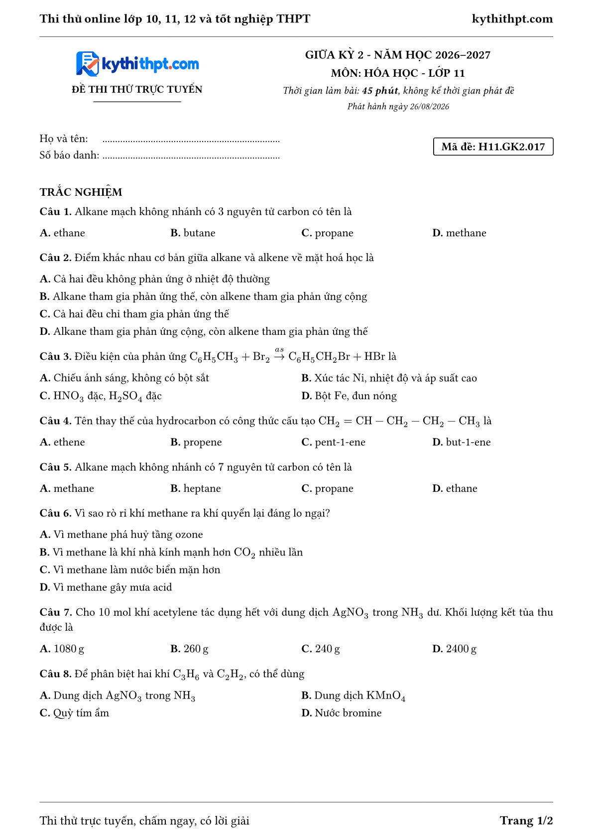 Trang đầu Đề thi thử online giữa kỳ 2 môn Hóa học lớp 11 - trắc nghiệm + đúng/sai + tự luận - đề 017