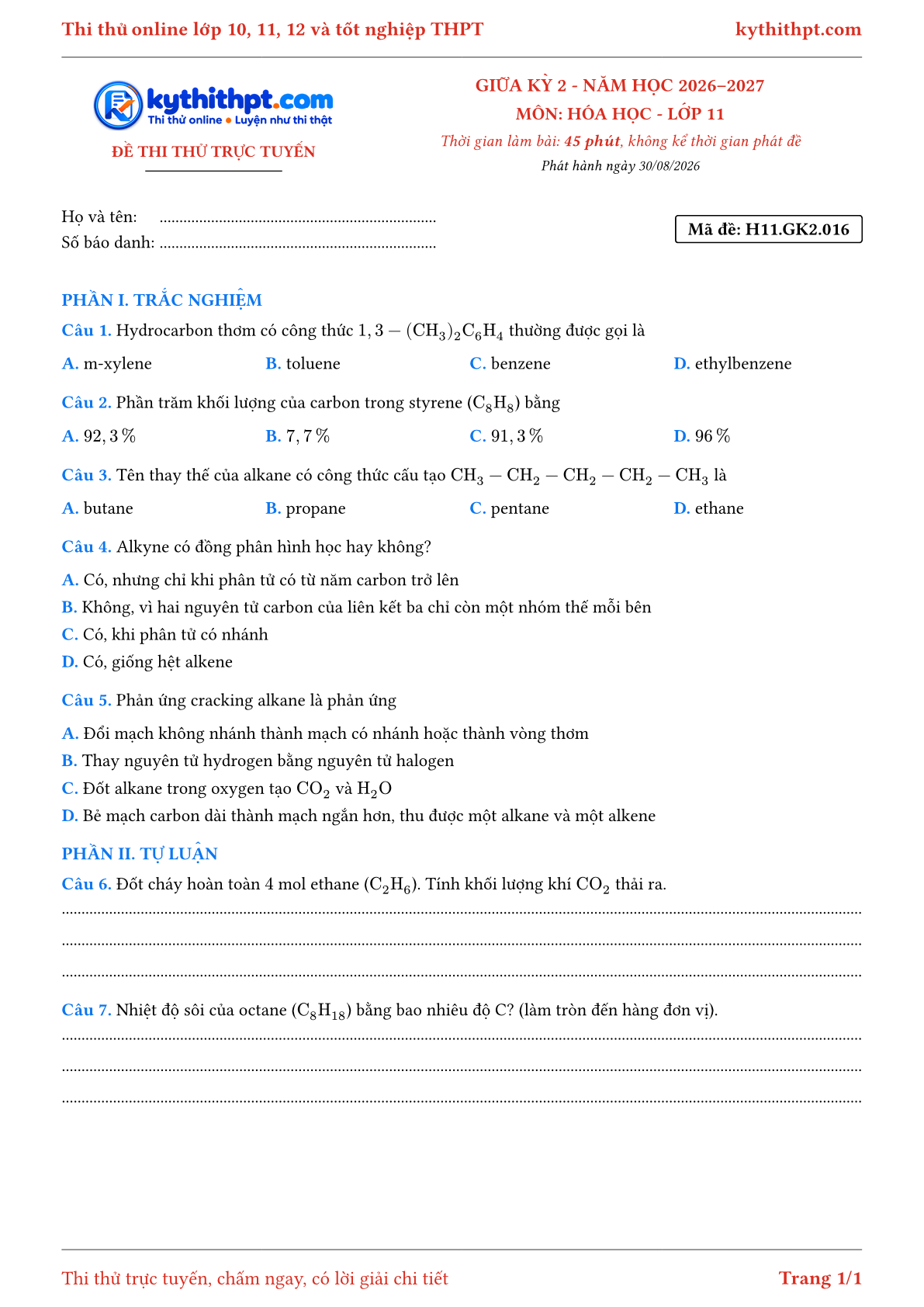 Trang đầu Đề thi thử online giữa kỳ 2 môn Hóa học lớp 11 - trắc nghiệm + tự luận - đề 016