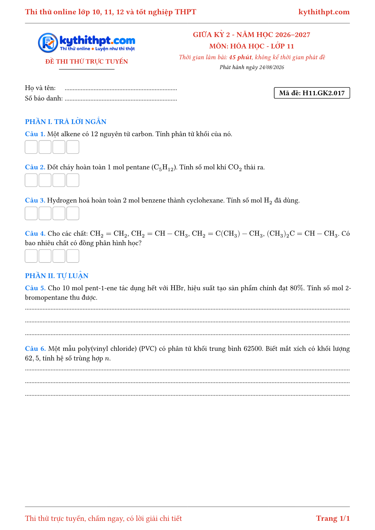 Trang đầu Đề thi thử online giữa kỳ 2 môn Hóa học lớp 11 - trả lời ngắn + tự luận - đề 017
