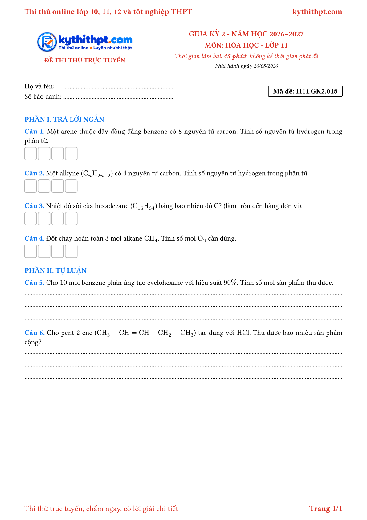 Trang đầu Đề thi thử online giữa kỳ 2 môn Hóa học lớp 11 - trả lời ngắn + tự luận - đề 018