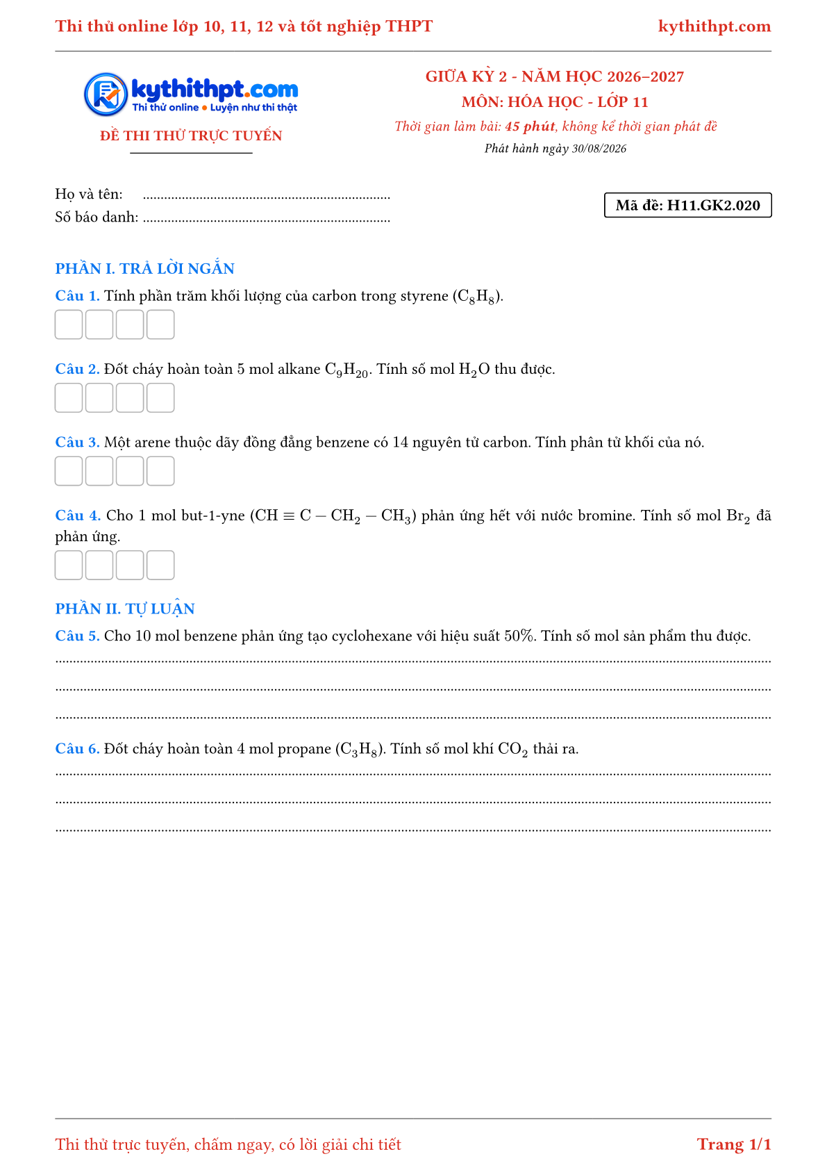 Trang đầu Đề thi thử online giữa kỳ 2 môn Hóa học lớp 11 - trả lời ngắn + tự luận - đề 020