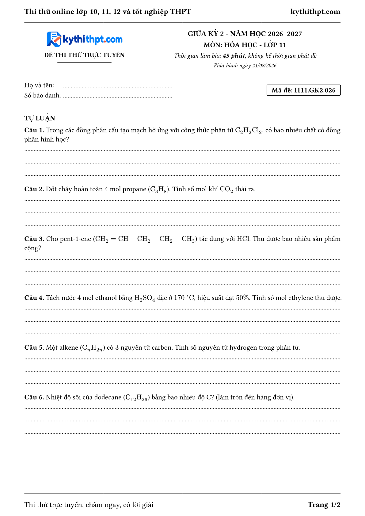 Trang đầu Đề thi thử online giữa kỳ 2 môn Hóa học lớp 11 - full tự luận - đề 026