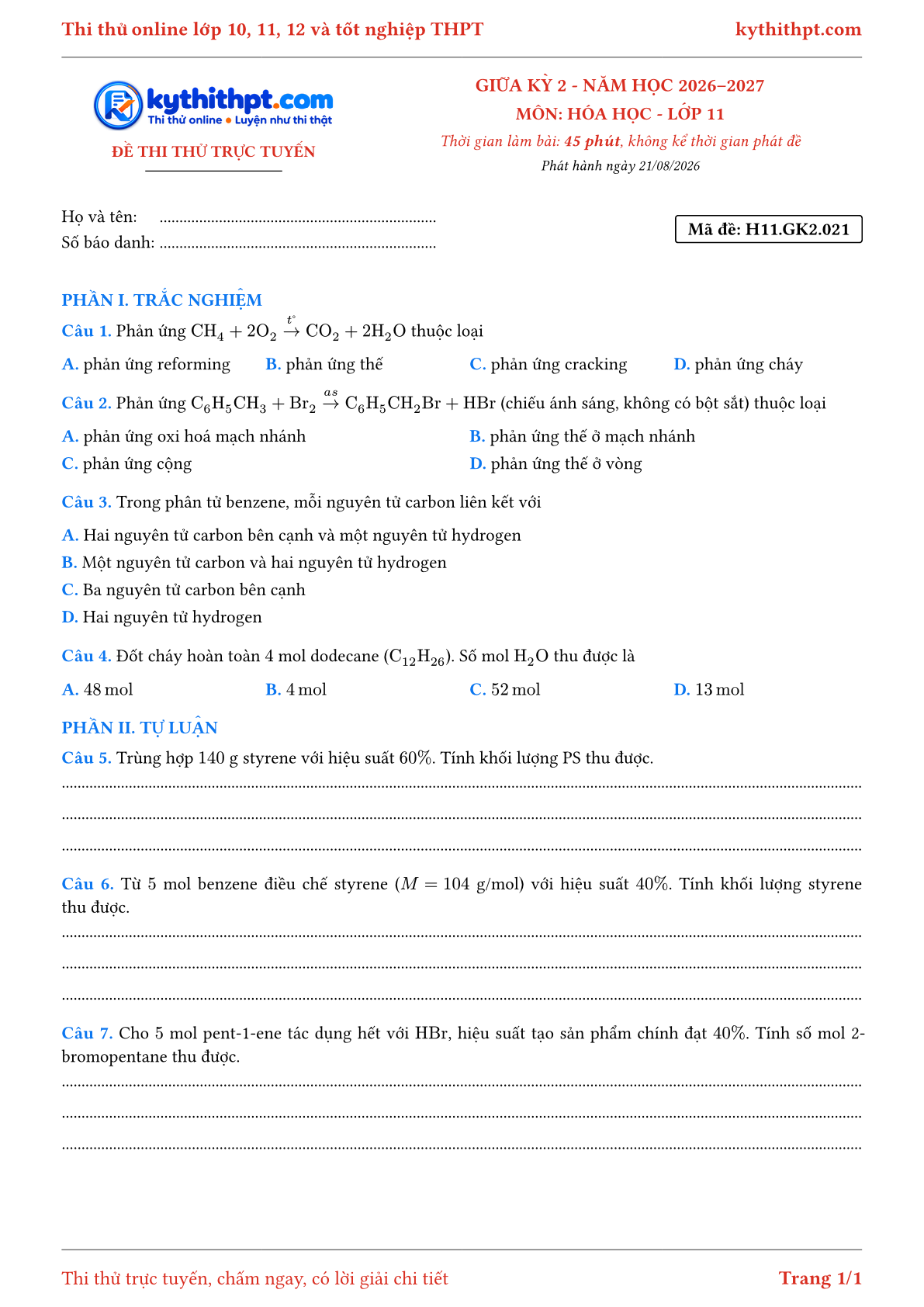 Trang đầu Đề thi thử online giữa kỳ 2 môn Hóa học lớp 11 - trắc nghiệm + tự luận nâng cao - đề 021