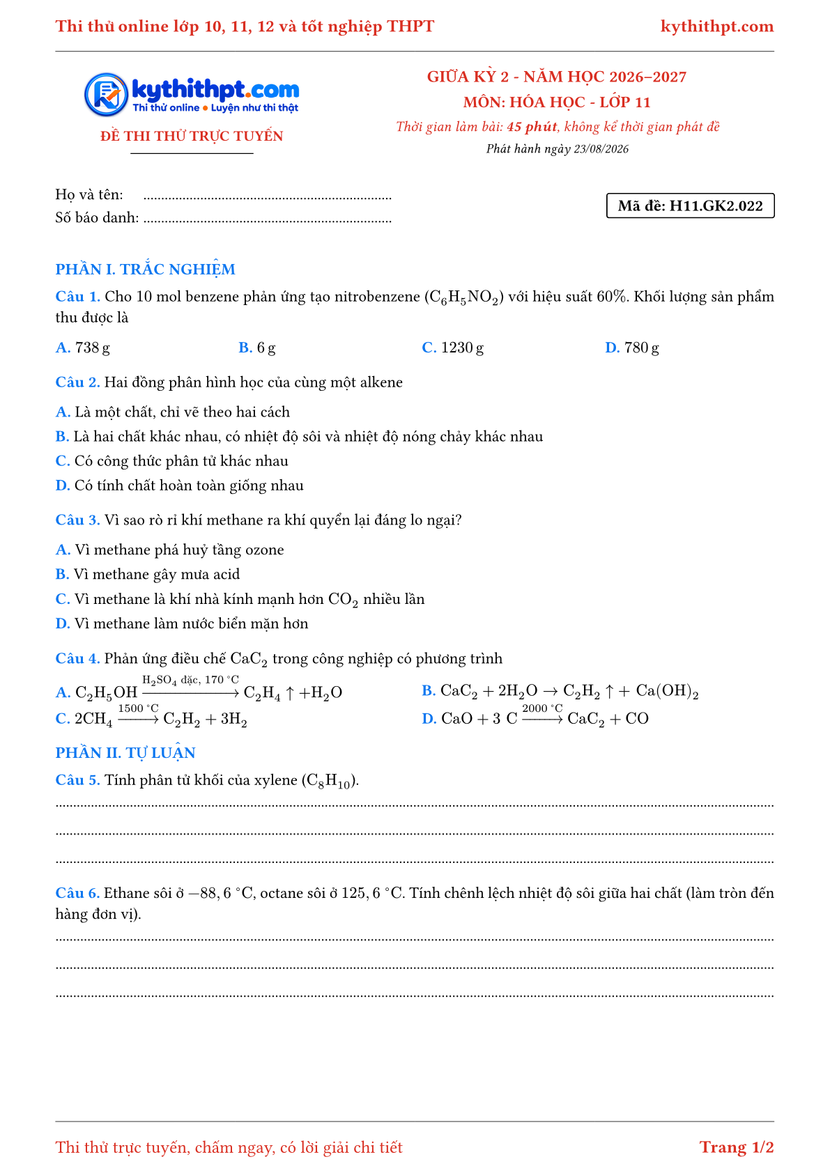 Trang đầu Đề thi thử online giữa kỳ 2 môn Hóa học lớp 11 - trắc nghiệm + tự luận nâng cao - đề 022