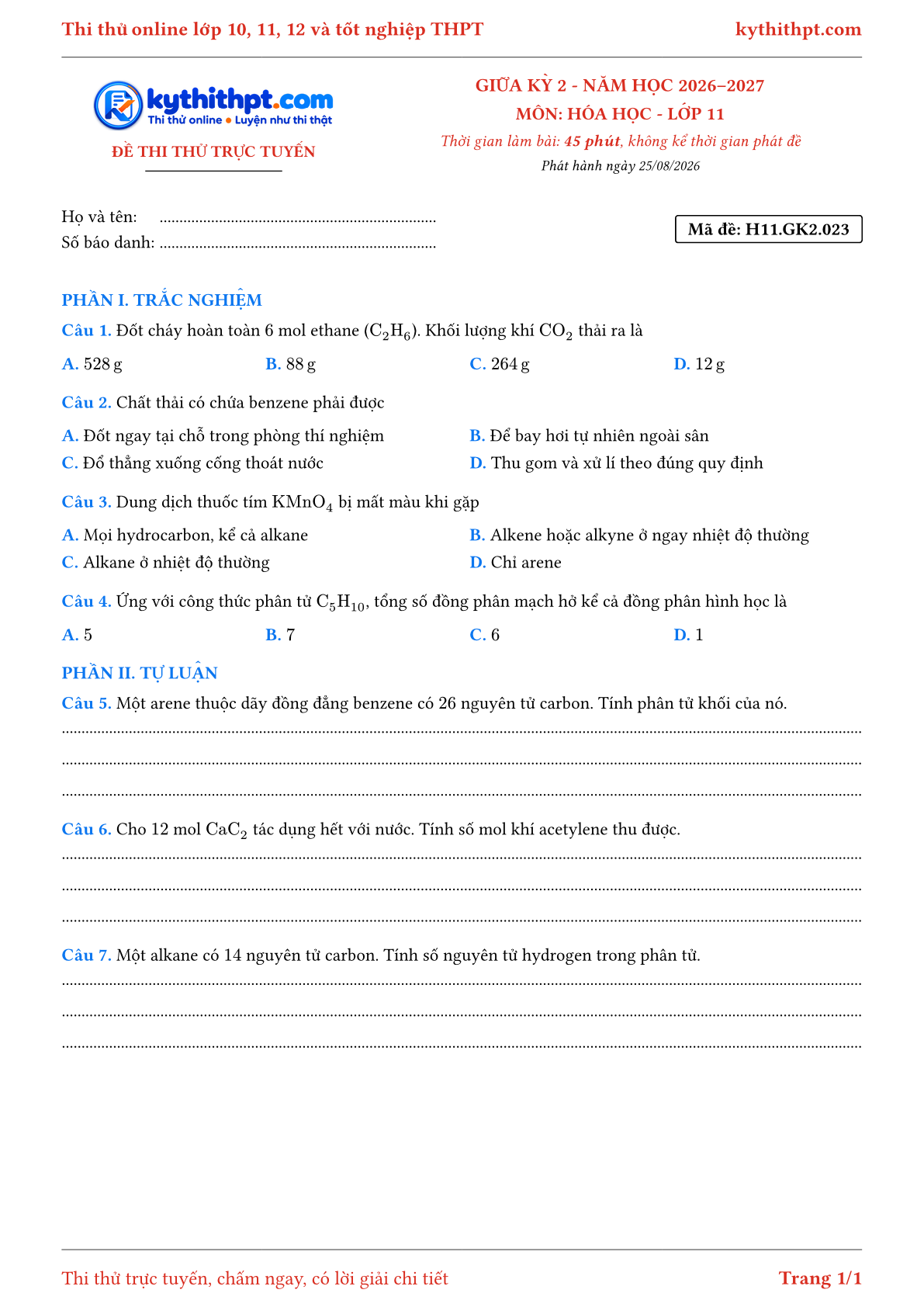 Trang đầu Đề thi thử online giữa kỳ 2 môn Hóa học lớp 11 - trắc nghiệm + tự luận nâng cao - đề 023