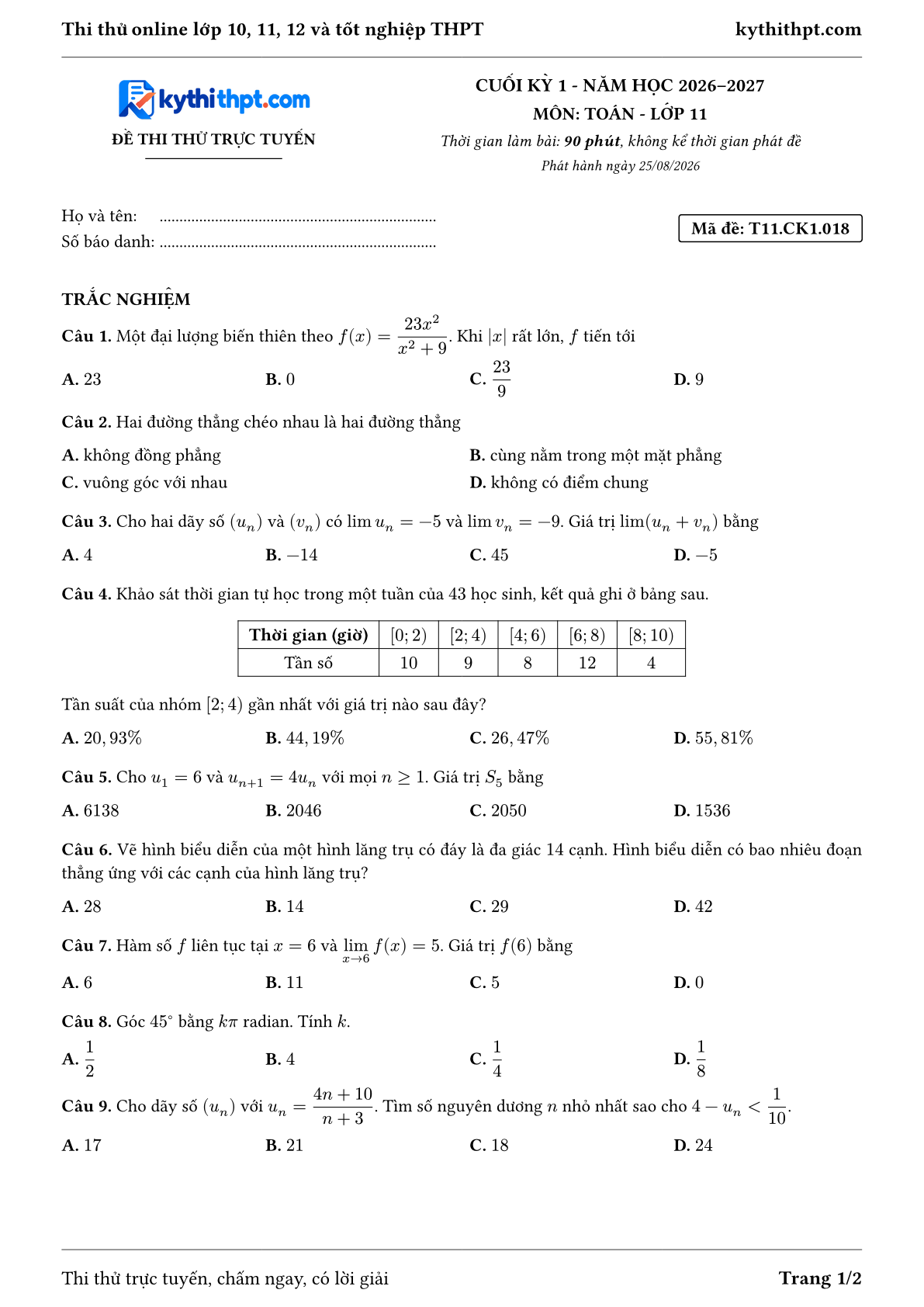 Trang đầu Đề thi thử online cuối kỳ 1 môn Toán lớp 11 - trắc nghiệm + đúng/sai + tự luận - đề 018