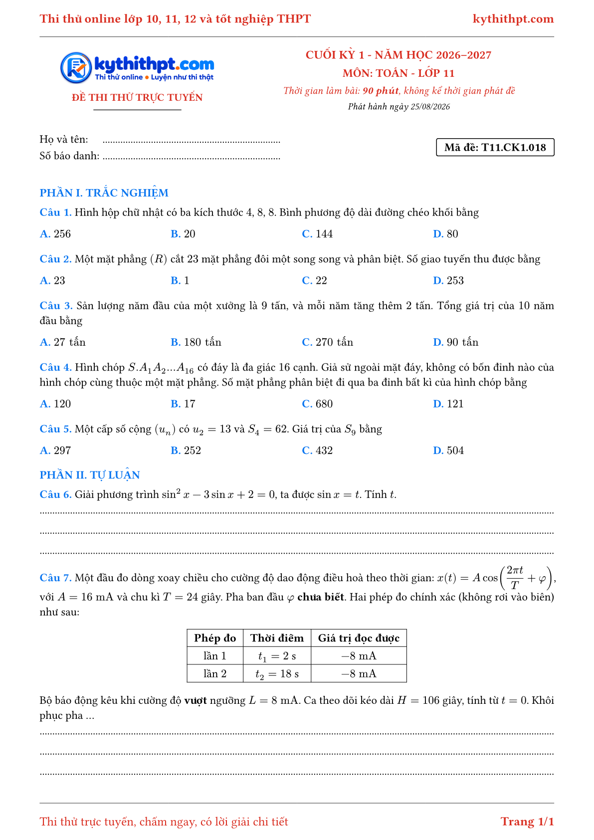 Trang đầu Đề thi thử online cuối kỳ 1 môn Toán lớp 11 - trắc nghiệm + tự luận - đề 018