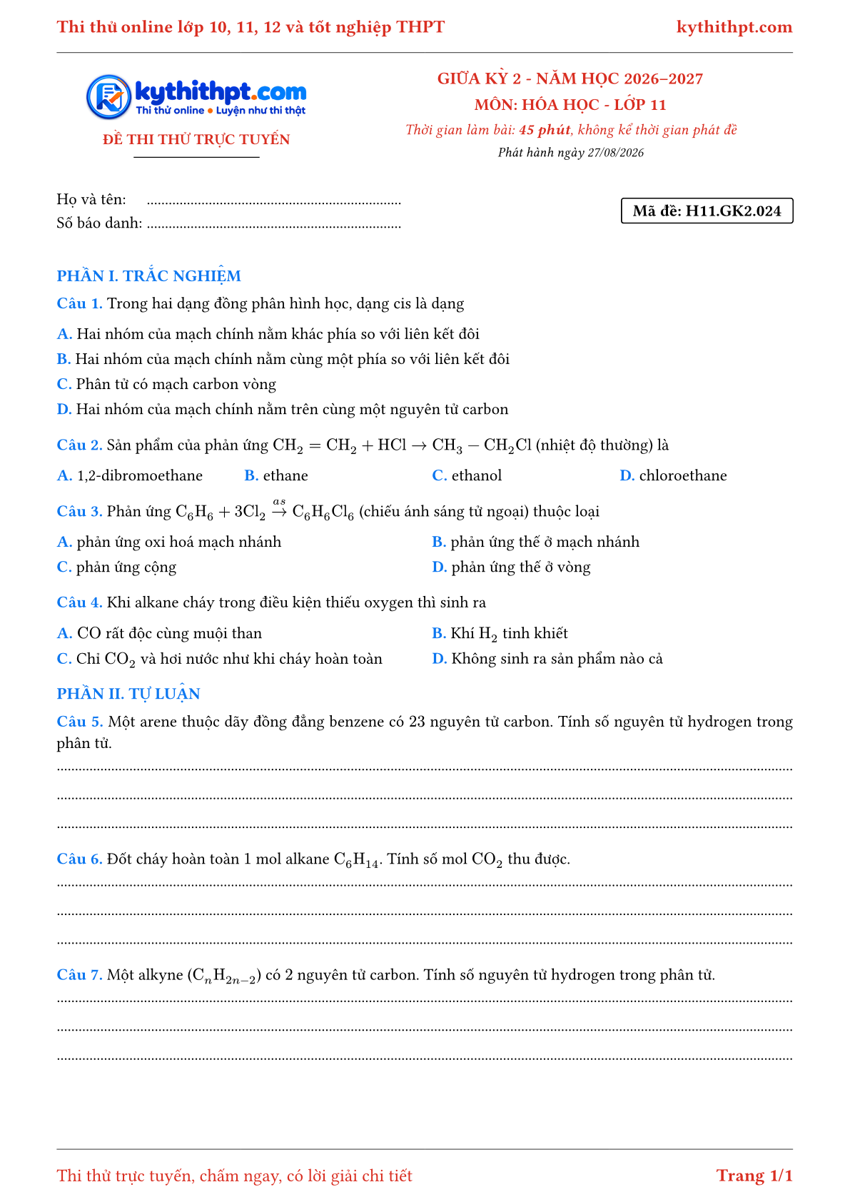 Trang đầu Đề thi thử online giữa kỳ 2 môn Hóa học lớp 11 - trắc nghiệm + tự luận nâng cao - đề 024