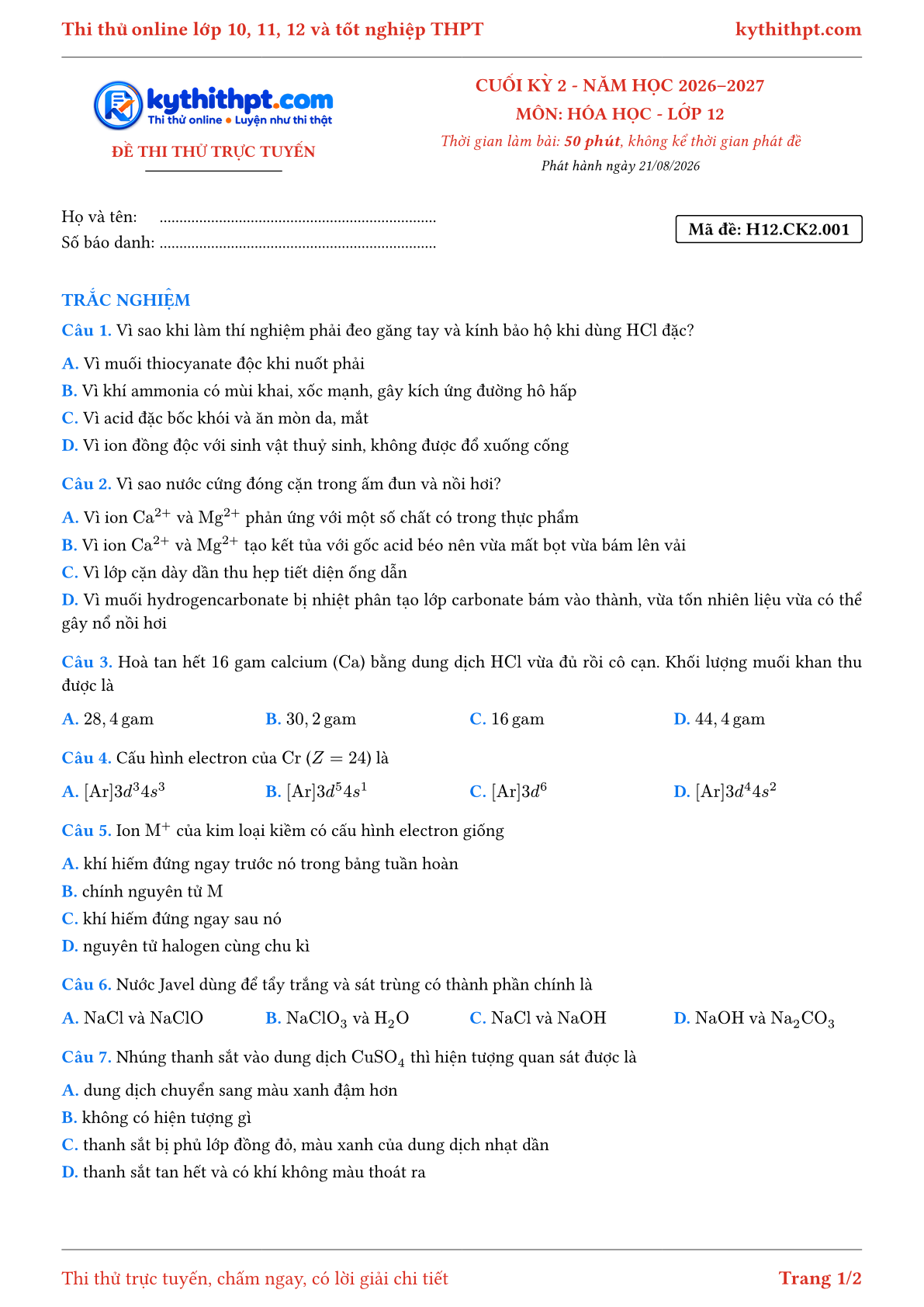 Trang đầu Đề thi thử online cuối kỳ 2 môn Hóa học lớp 12 - full trắc nghiệm - đề 001