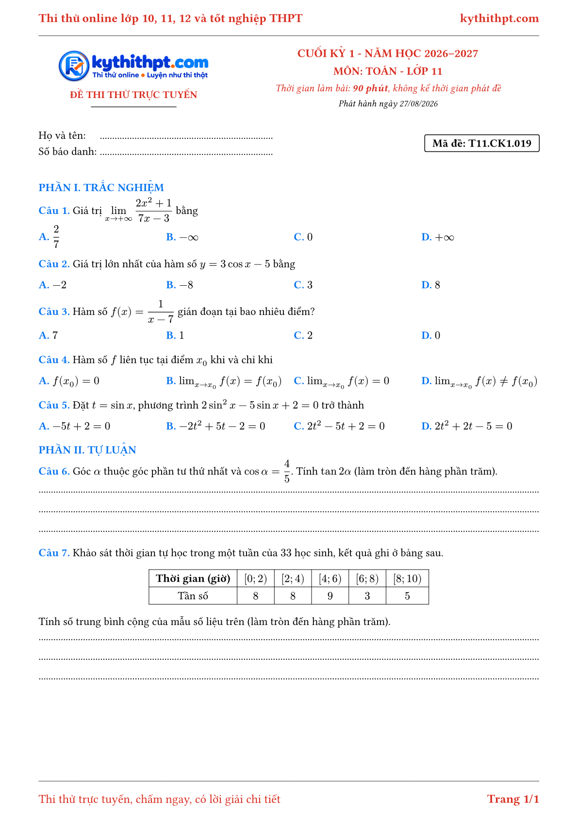 Trang đầu Đề thi thử online cuối kỳ 1 môn Toán lớp 11 - trắc nghiệm + tự luận - đề 019