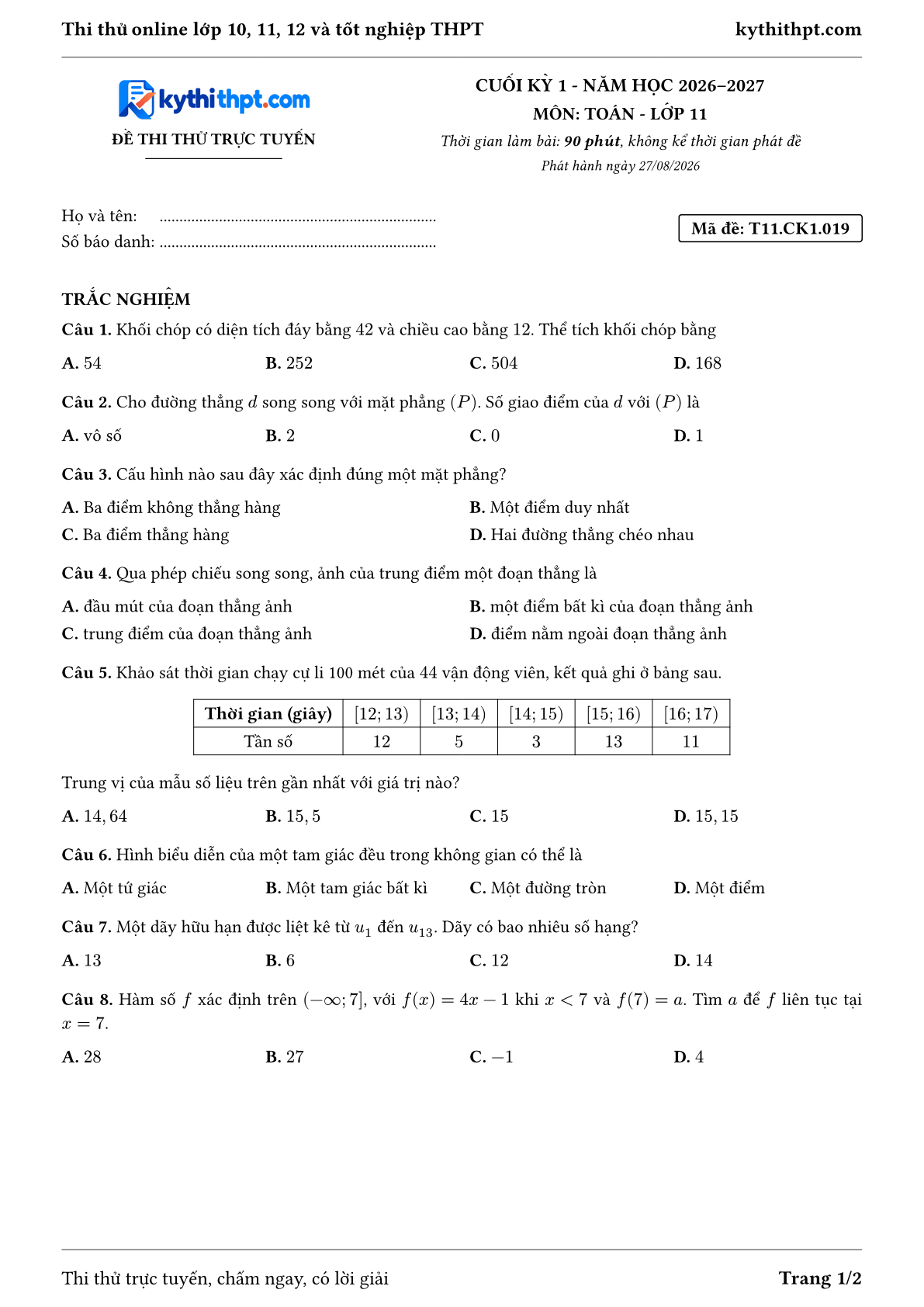 Trang đầu Đề thi thử online cuối kỳ 1 môn Toán lớp 11 - trắc nghiệm + đúng/sai + tự luận - đề 019