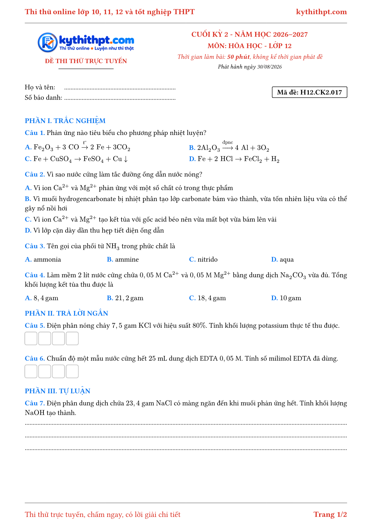 Trang đầu Đề thi thử online cuối kỳ 2 môn Hóa học lớp 12 - trắc nghiệm + trả lời ngắn + tự luận - đề 017