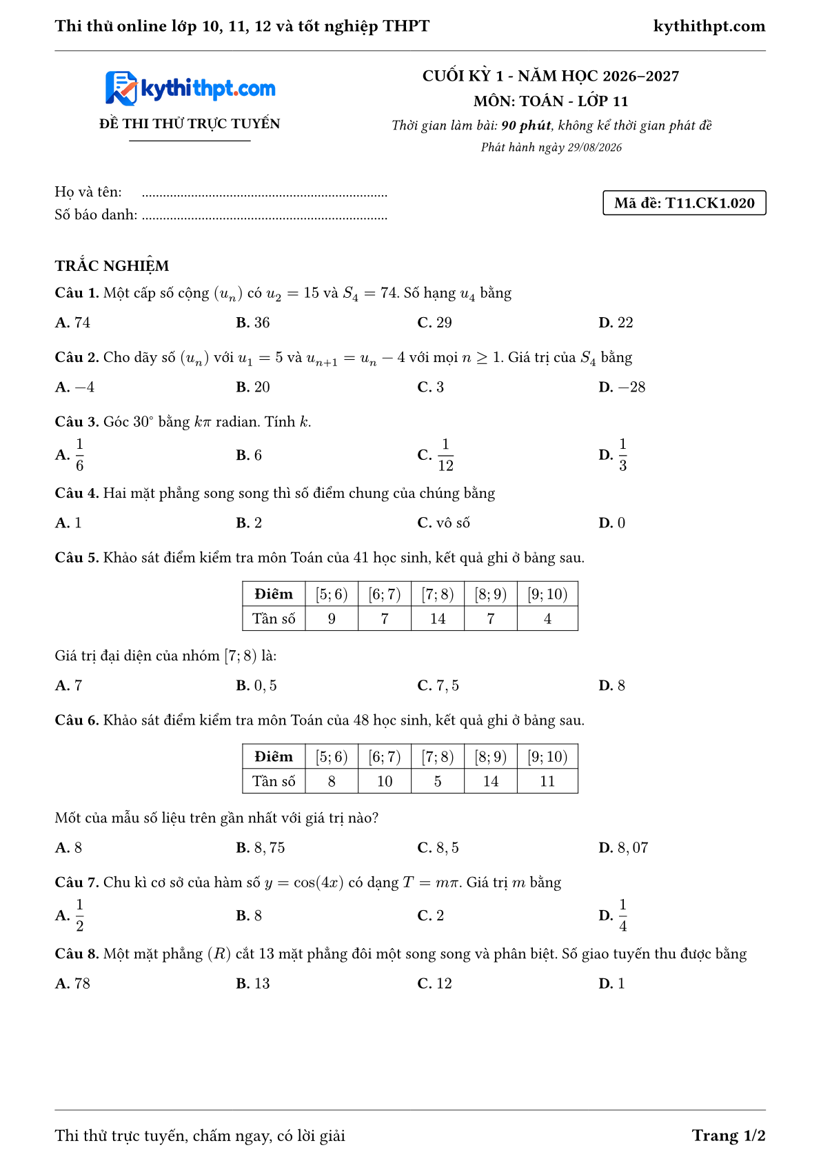 Trang đầu Đề thi thử online cuối kỳ 1 môn Toán lớp 11 - trắc nghiệm + đúng/sai + tự luận - đề 020
