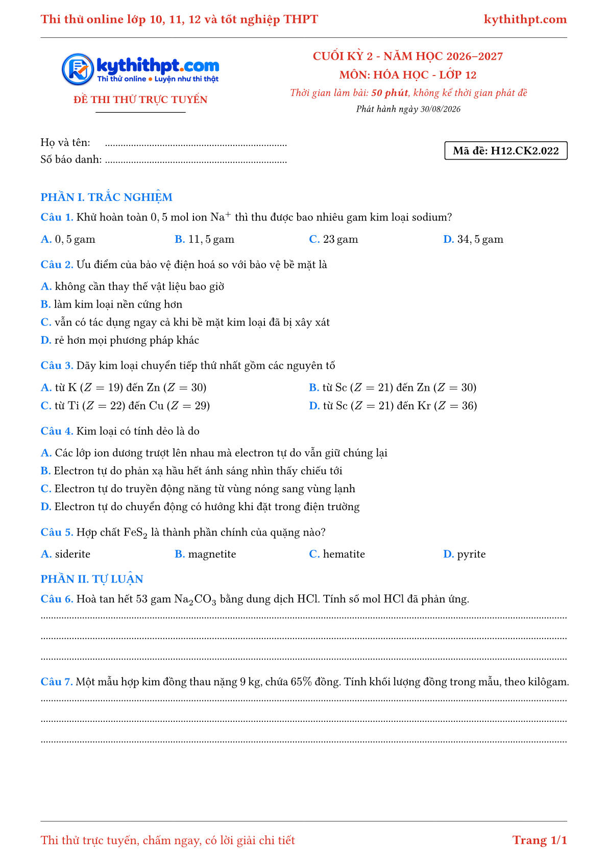 Trang đầu Đề thi thử online cuối kỳ 2 môn Hóa học lớp 12 - trắc nghiệm + tự luận - đề 022