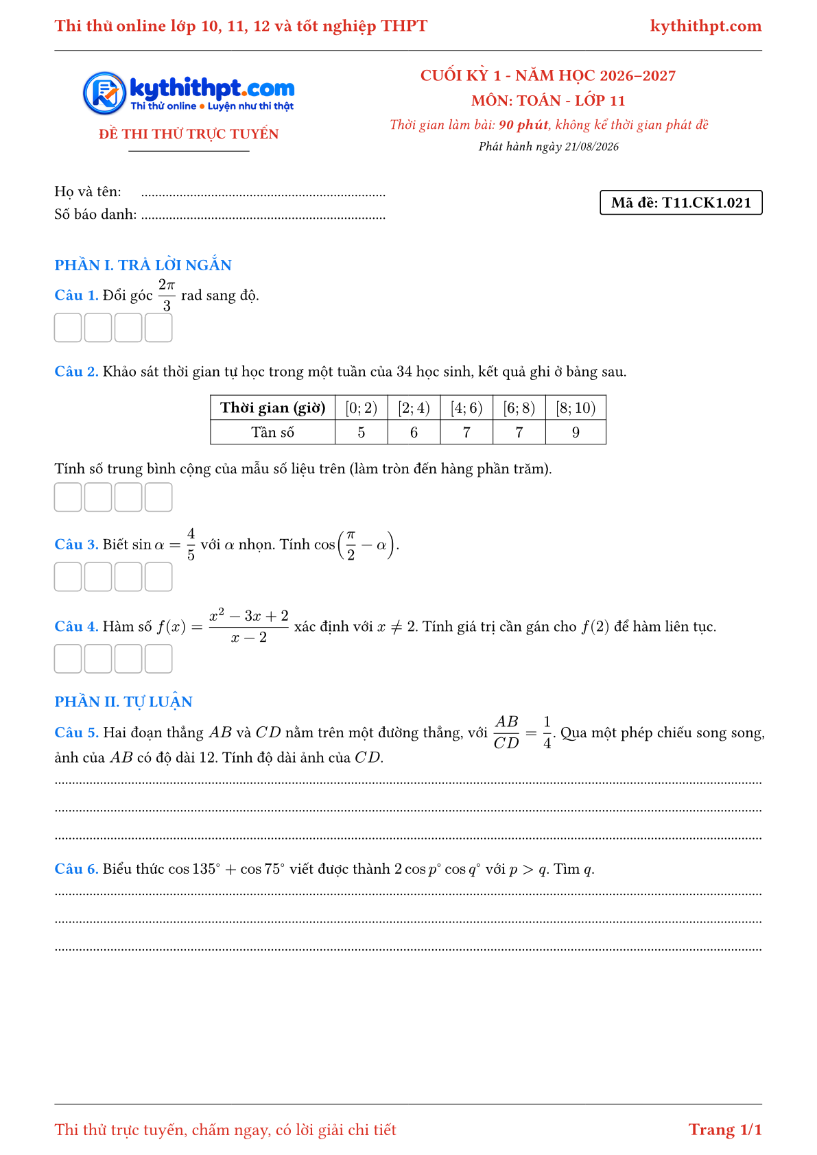 Trang đầu Đề thi thử online cuối kỳ 1 môn Toán lớp 11 - trả lời ngắn + tự luận - đề 021
