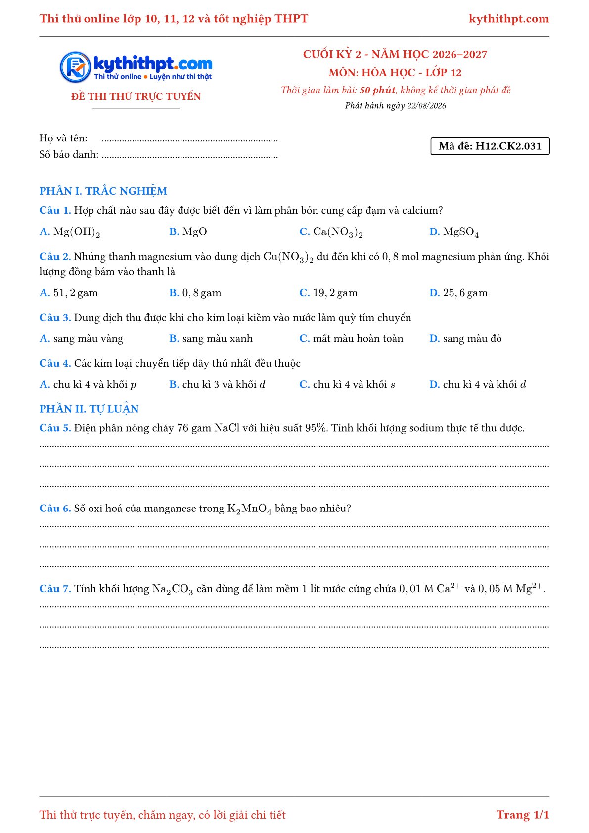 Trang đầu Đề thi thử online cuối kỳ 2 môn Hóa học lớp 12 - trắc nghiệm + tự luận nâng cao - đề 031