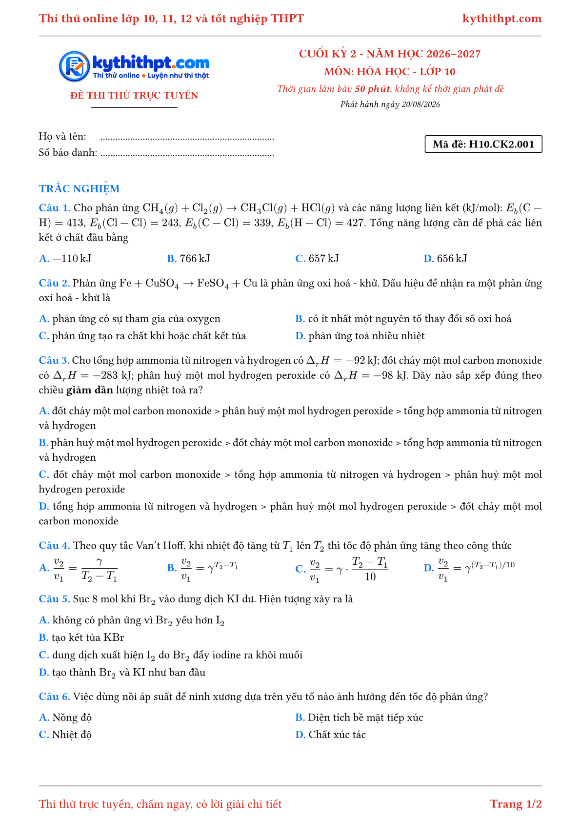 Trang đầu Đề thi thử online cuối kỳ 2 môn Hóa học lớp 10 - full trắc nghiệm - đề 001