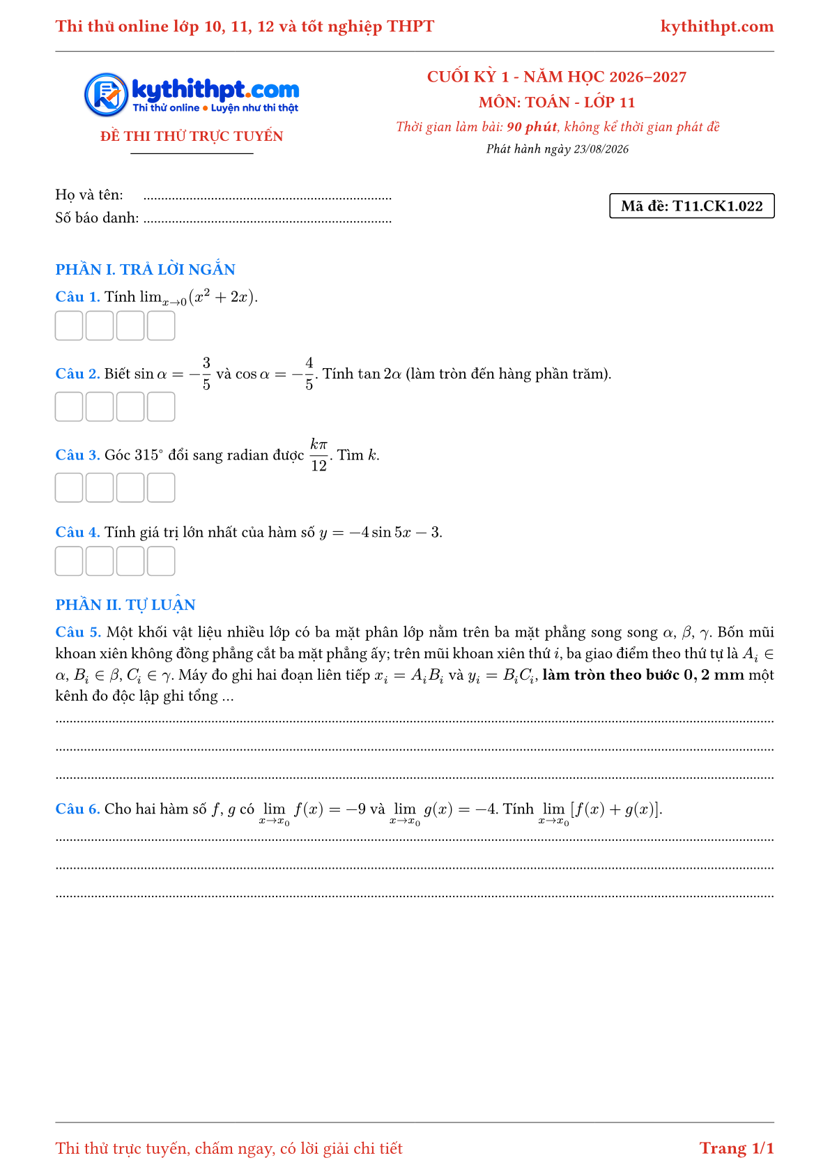 Trang đầu Đề thi thử online cuối kỳ 1 môn Toán lớp 11 - trả lời ngắn + tự luận - đề 022