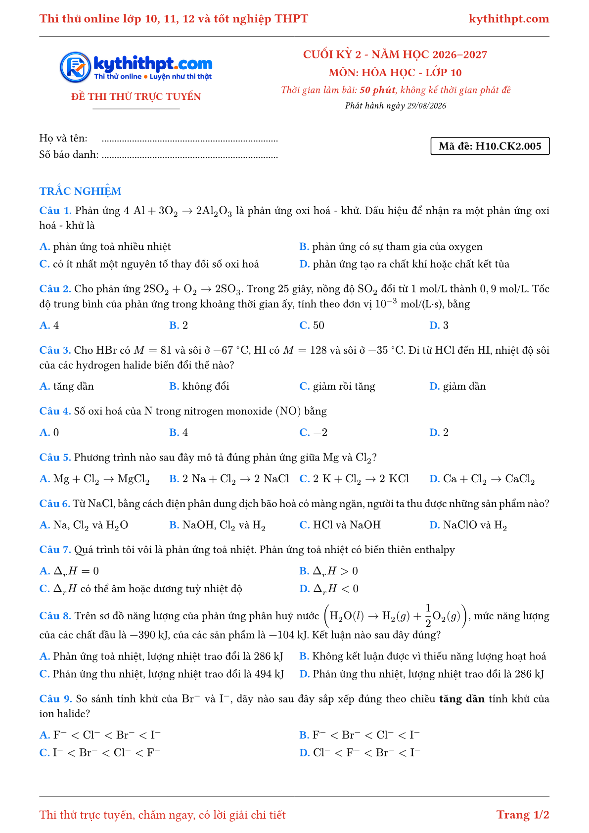 Trang đầu Đề thi thử online cuối kỳ 2 môn Hóa học lớp 10 - full trắc nghiệm - đề 005