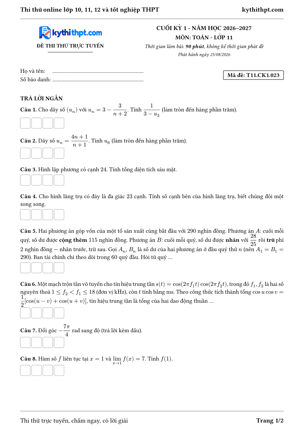 Trang đầu Đề thi thử online cuối kỳ 1 môn Toán lớp 11 - full trả lời ngắn - đề 023