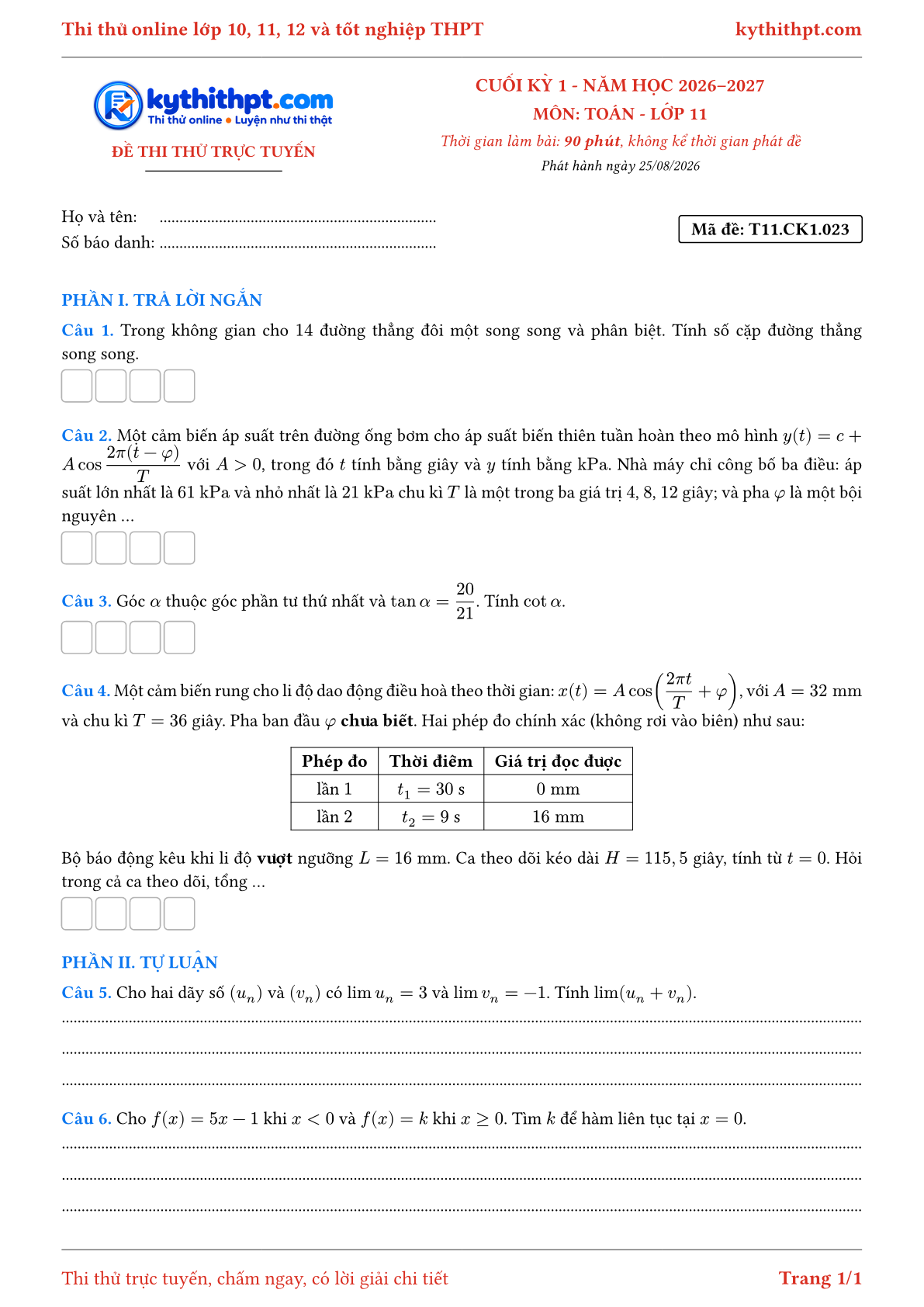 Trang đầu Đề thi thử online cuối kỳ 1 môn Toán lớp 11 - trả lời ngắn + tự luận - đề 023