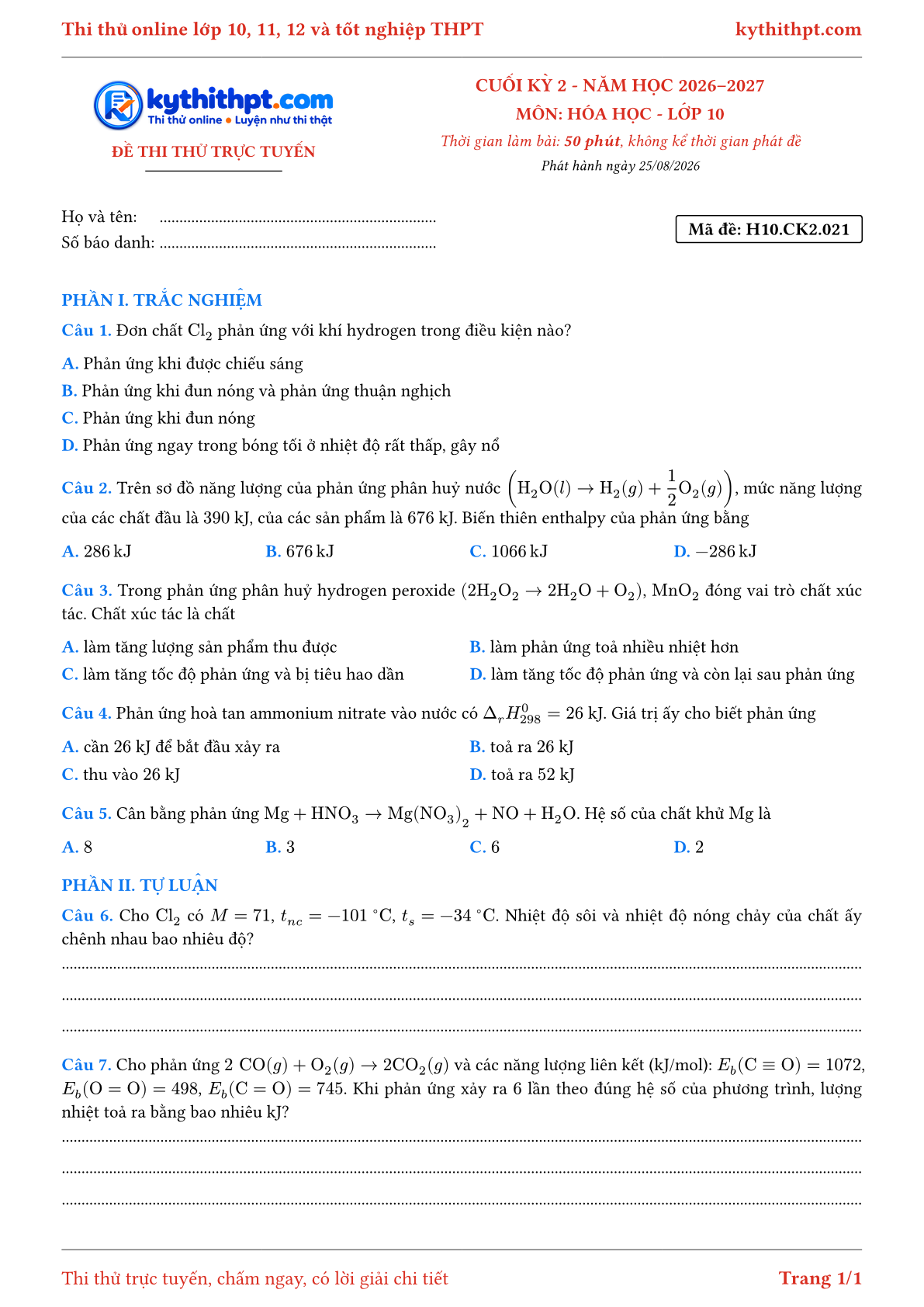 Trang đầu Đề thi thử online cuối kỳ 2 môn Hóa học lớp 10 - trắc nghiệm + tự luận - đề 021