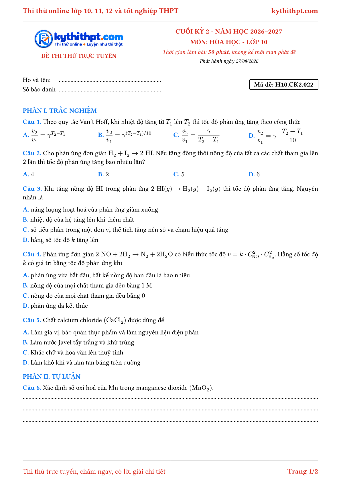 Trang đầu Đề thi thử online cuối kỳ 2 môn Hóa học lớp 10 - trắc nghiệm + tự luận - đề 022
