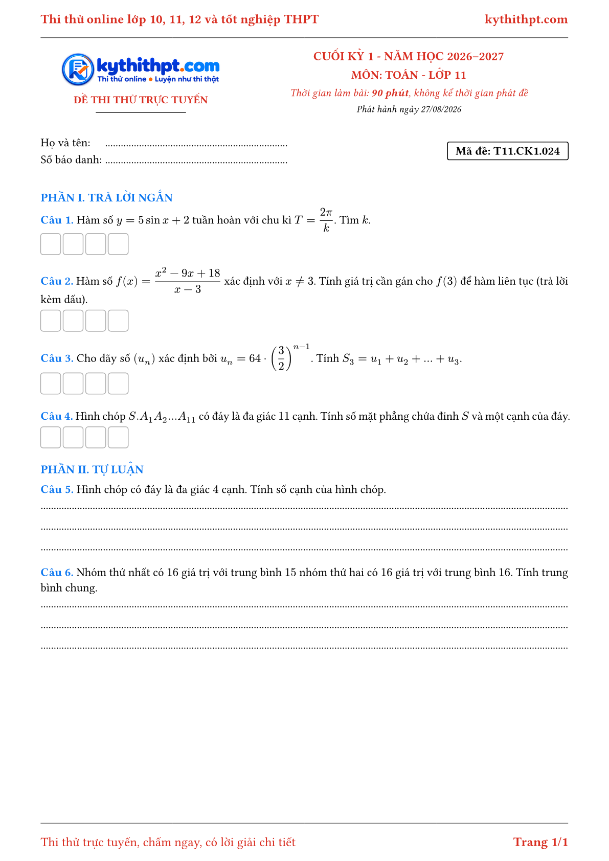 Trang đầu Đề thi thử online cuối kỳ 1 môn Toán lớp 11 - trả lời ngắn + tự luận - đề 024
