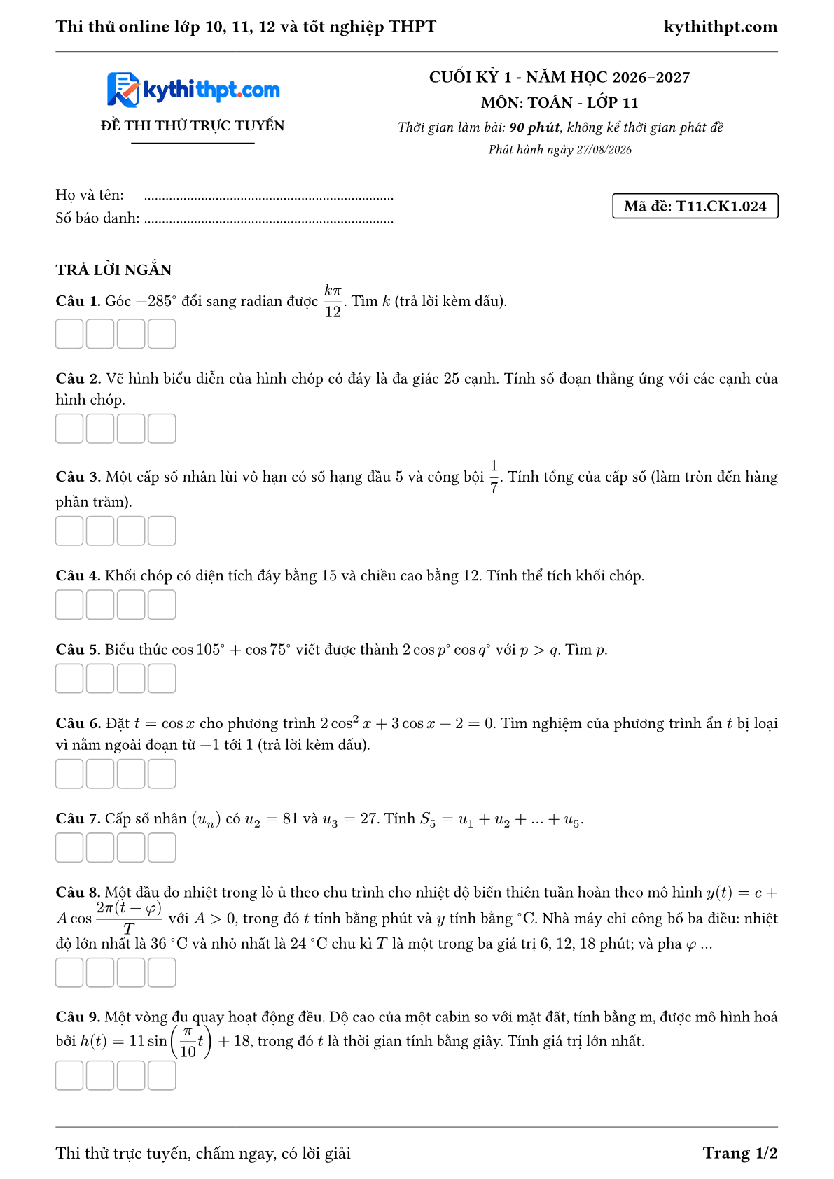 Trang đầu Đề thi thử online cuối kỳ 1 môn Toán lớp 11 - full trả lời ngắn - đề 024
