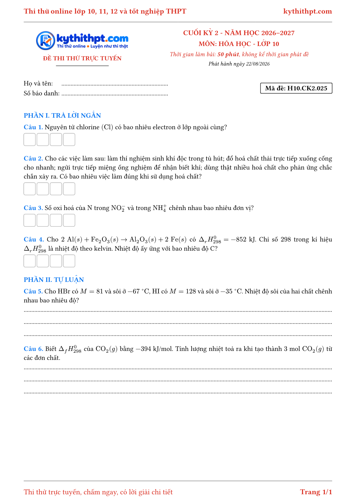 Trang đầu Đề thi thử online cuối kỳ 2 môn Hóa học lớp 10 - trả lời ngắn + tự luận - đề 025