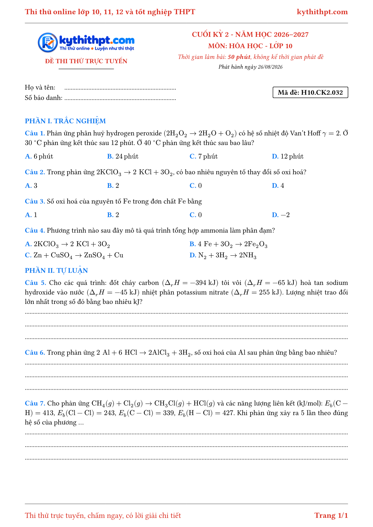 Trang đầu Đề thi thử online cuối kỳ 2 môn Hóa học lớp 10 - trắc nghiệm + tự luận nâng cao - đề 032