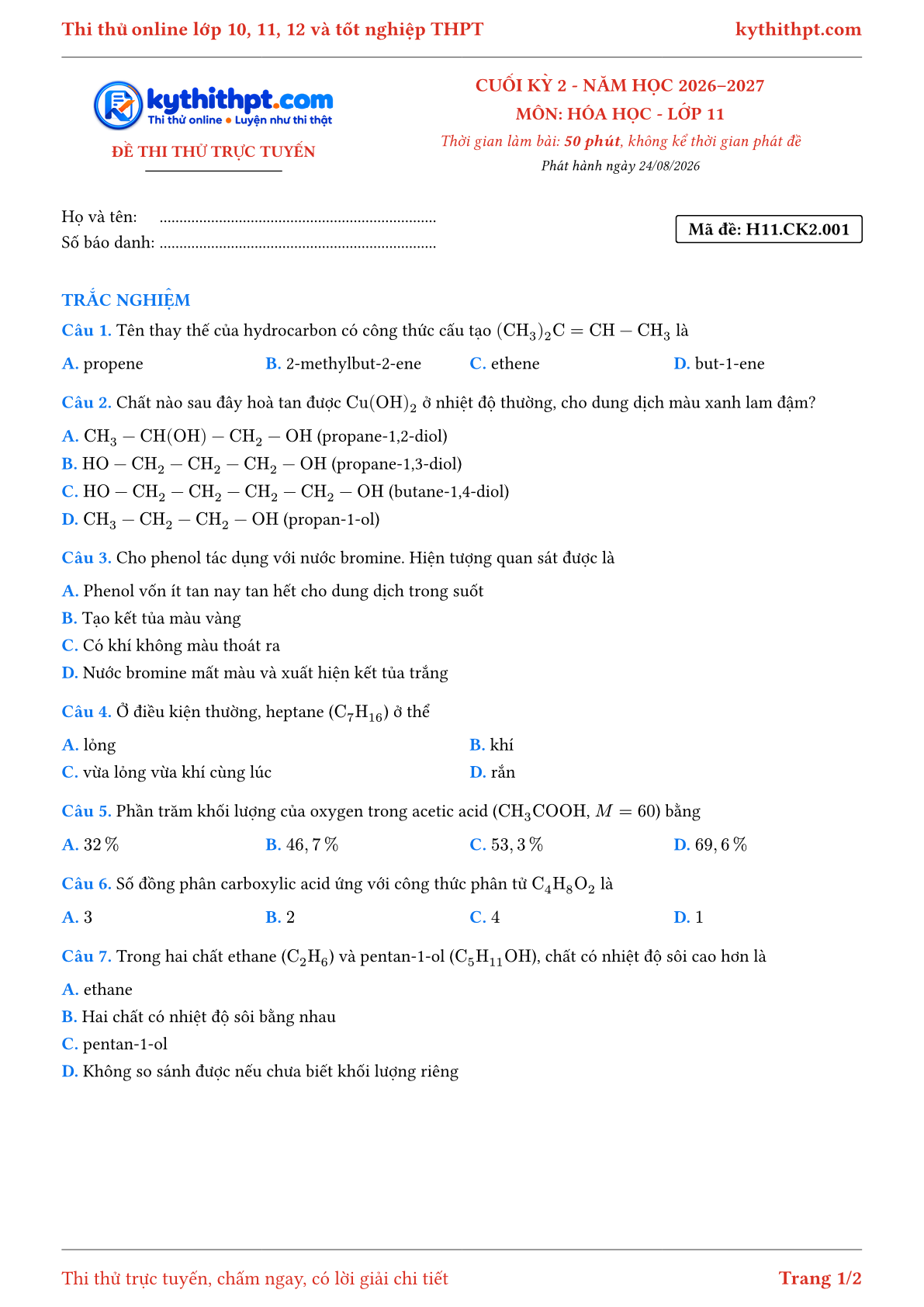 Trang đầu Đề thi thử online cuối kỳ 2 môn Hóa học lớp 11 - full trắc nghiệm - đề 001