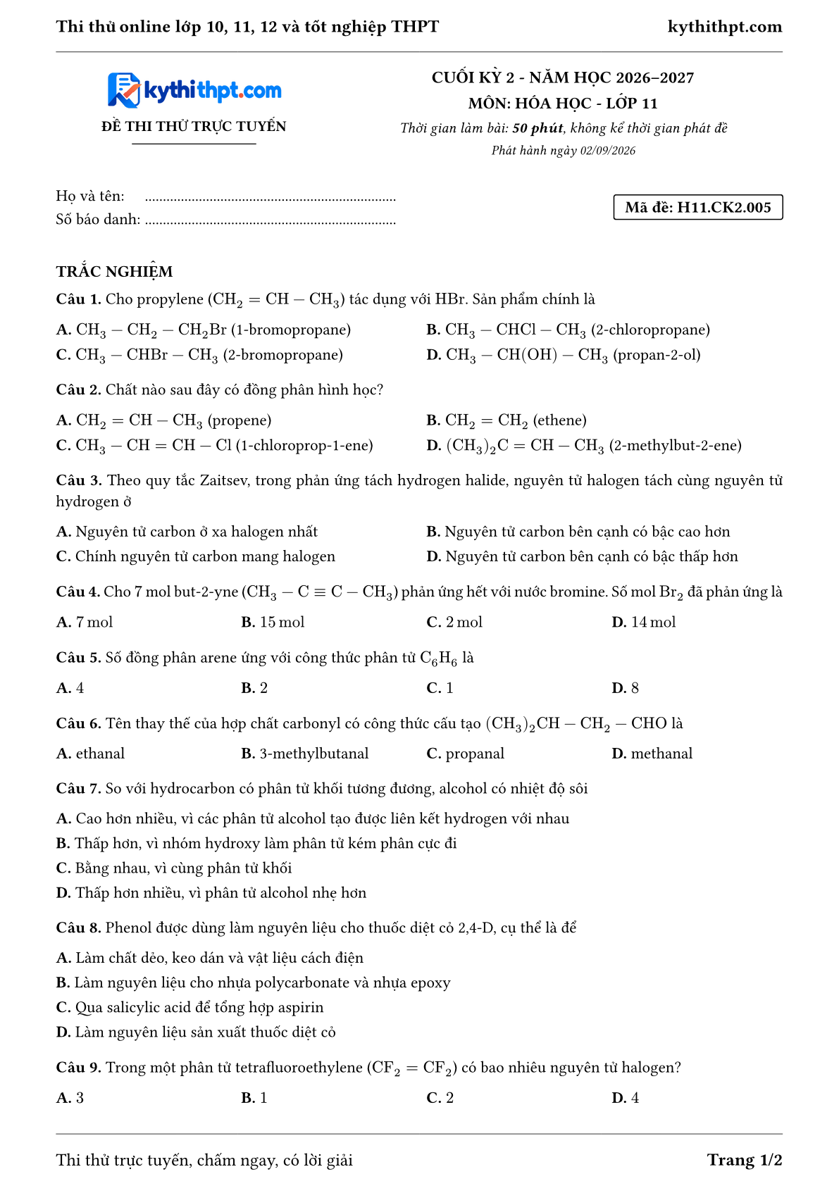 Trang đầu Đề thi thử online cuối kỳ 2 môn Hóa học lớp 11 - full trắc nghiệm - đề 005
