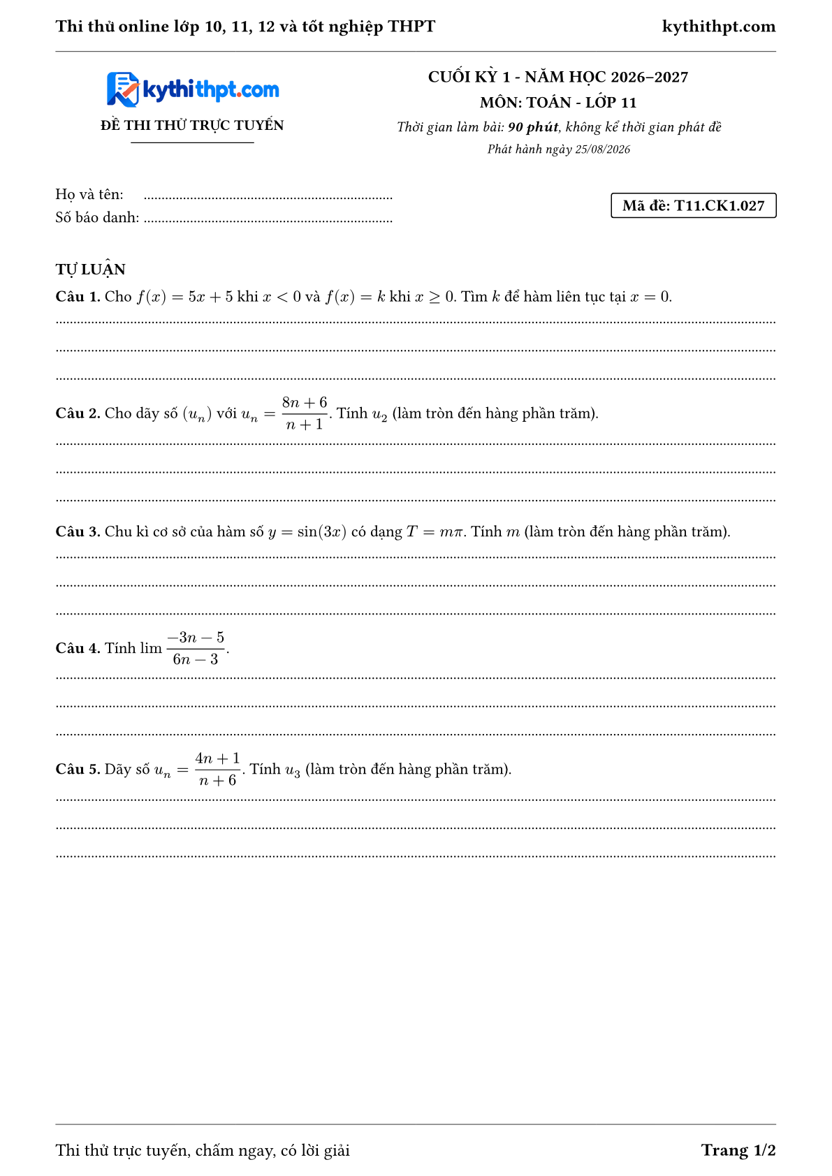 Trang đầu Đề thi thử online cuối kỳ 1 môn Toán lớp 11 - full tự luận - đề 027