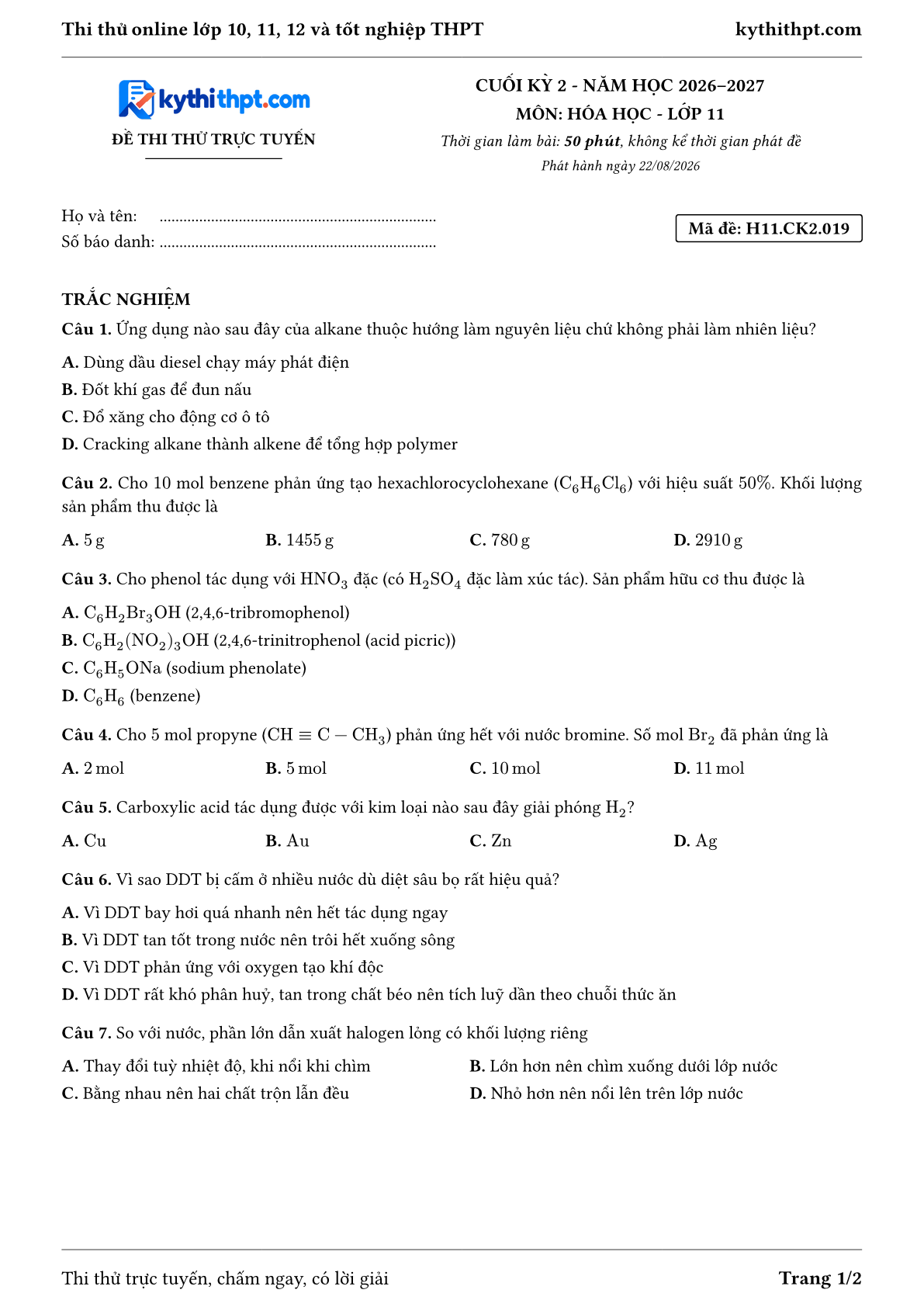 Trang đầu Đề thi thử online cuối kỳ 2 môn Hóa học lớp 11 - trắc nghiệm + đúng/sai + tự luận - đề 019