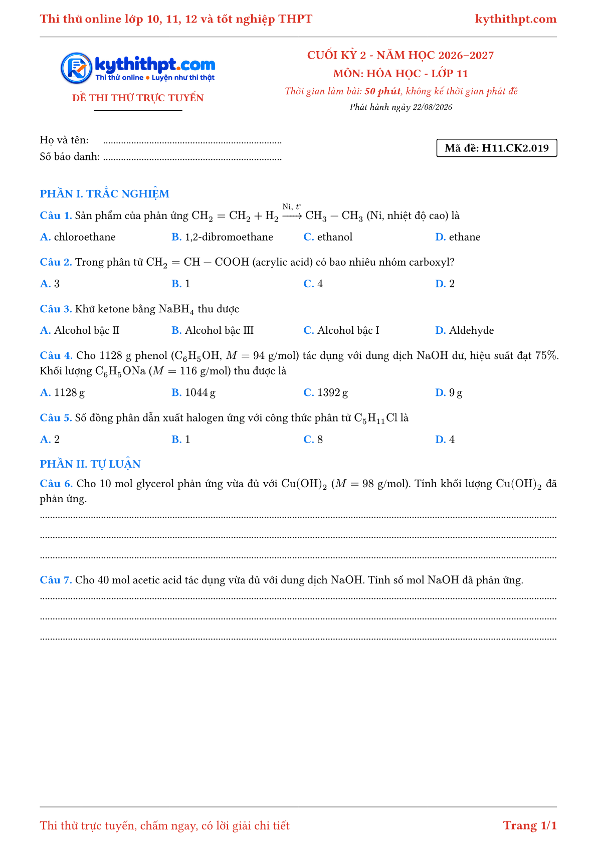 Trang đầu Đề thi thử online cuối kỳ 2 môn Hóa học lớp 11 - trắc nghiệm + tự luận - đề 019