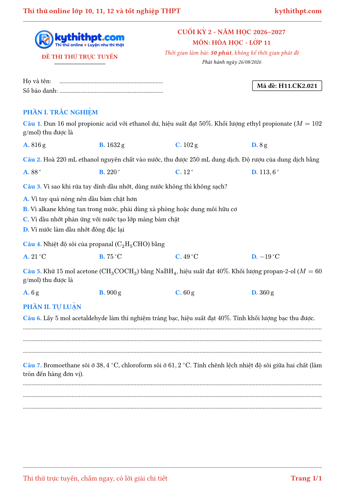 Trang đầu Đề thi thử online cuối kỳ 2 môn Hóa học lớp 11 - trắc nghiệm + tự luận - đề 021