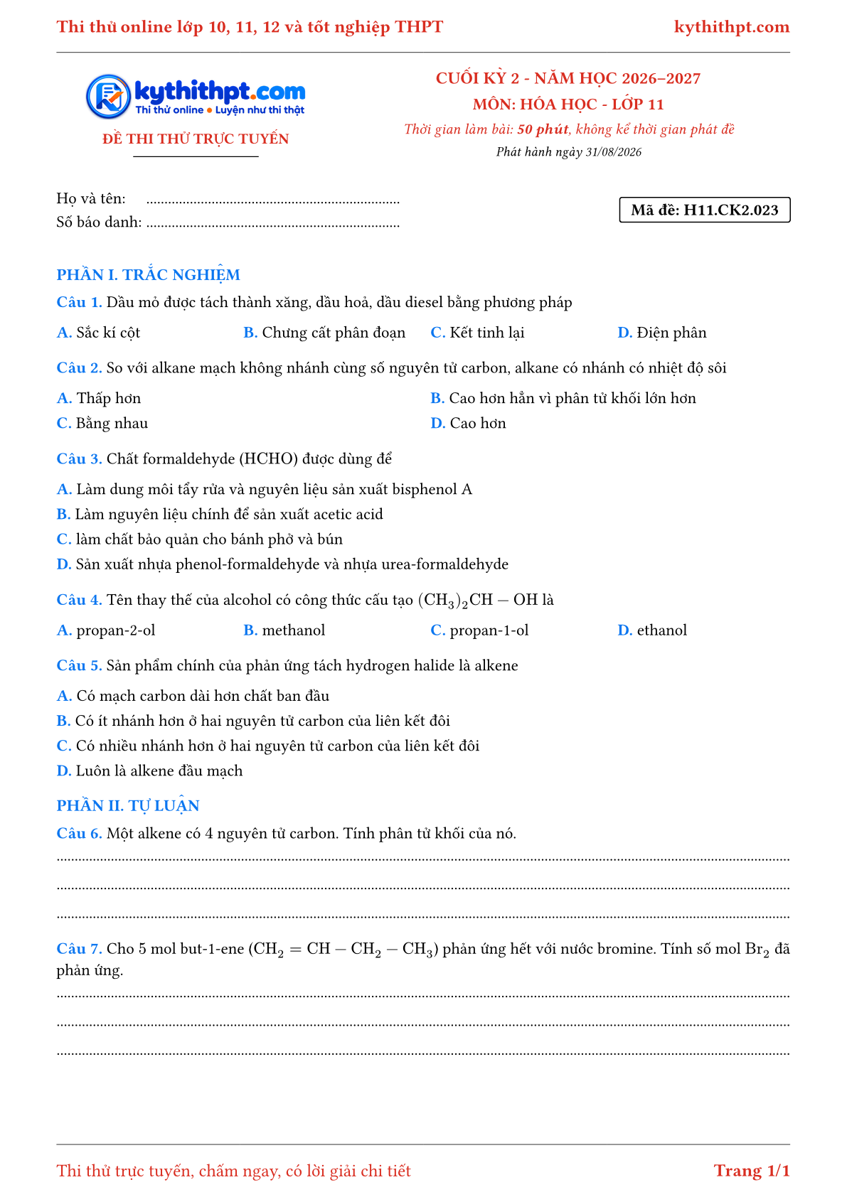 Trang đầu Đề thi thử online cuối kỳ 2 môn Hóa học lớp 11 - trắc nghiệm + tự luận - đề 023