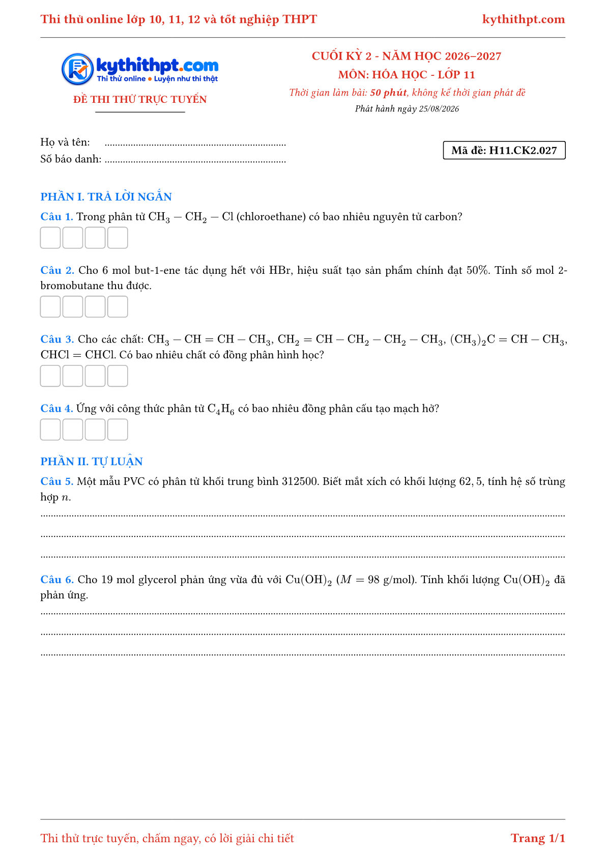 Trang đầu Đề thi thử online cuối kỳ 2 môn Hóa học lớp 11 - trả lời ngắn + tự luận - đề 027