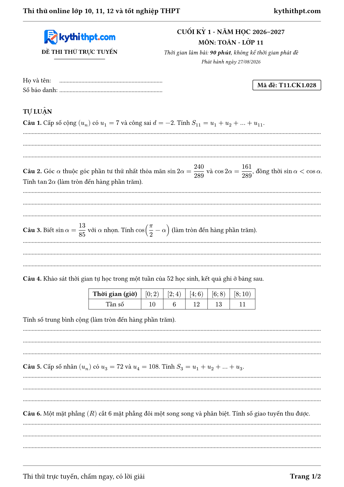 Trang đầu Đề thi thử online cuối kỳ 1 môn Toán lớp 11 - full tự luận - đề 028