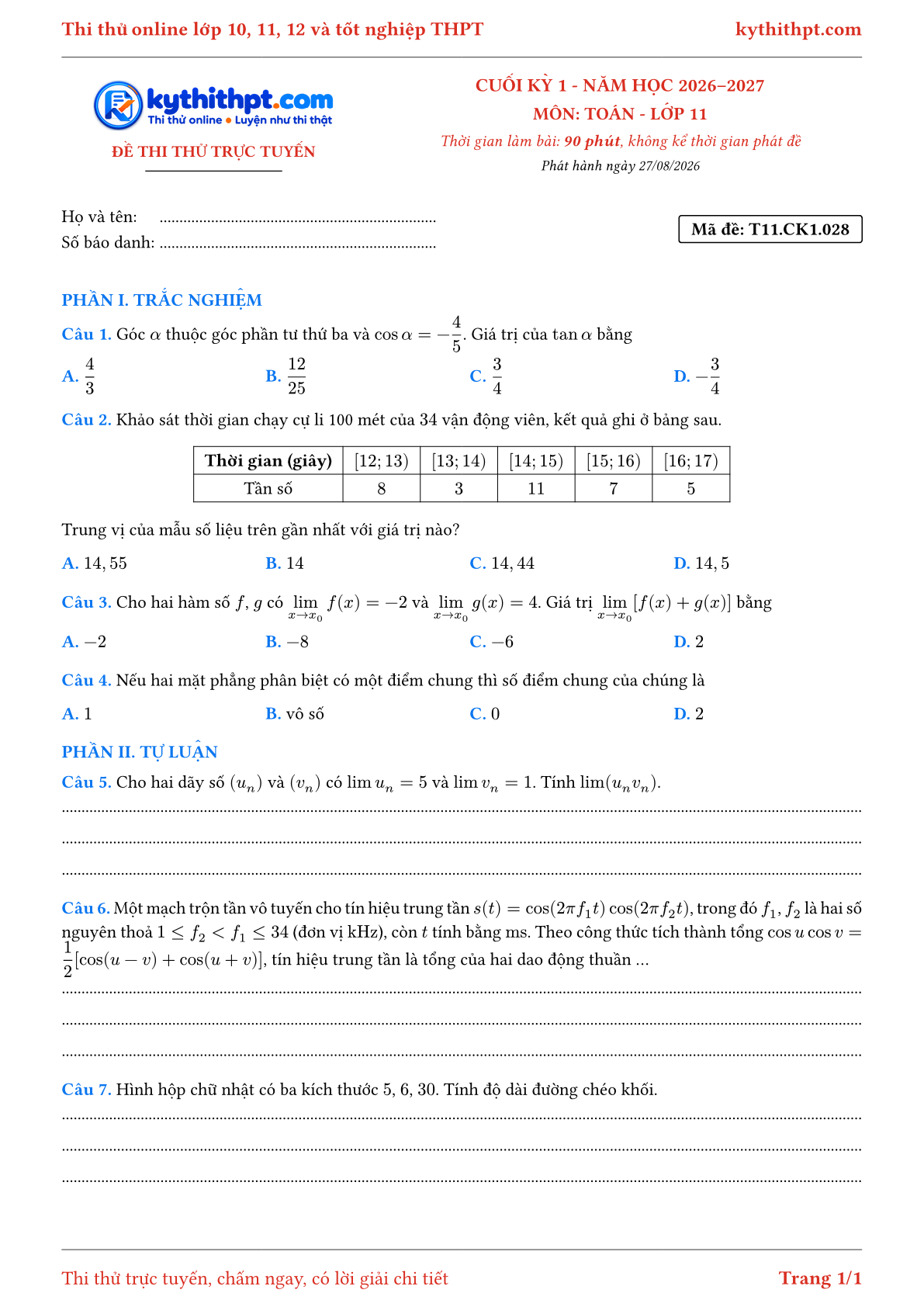 Trang đầu Đề thi thử online cuối kỳ 1 môn Toán lớp 11 - trắc nghiệm + tự luận nâng cao - đề 028