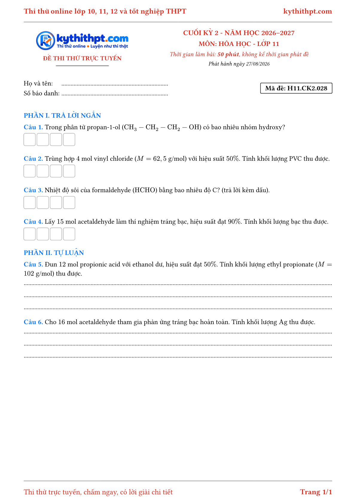 Trang đầu Đề thi thử online cuối kỳ 2 môn Hóa học lớp 11 - trả lời ngắn + tự luận - đề 028