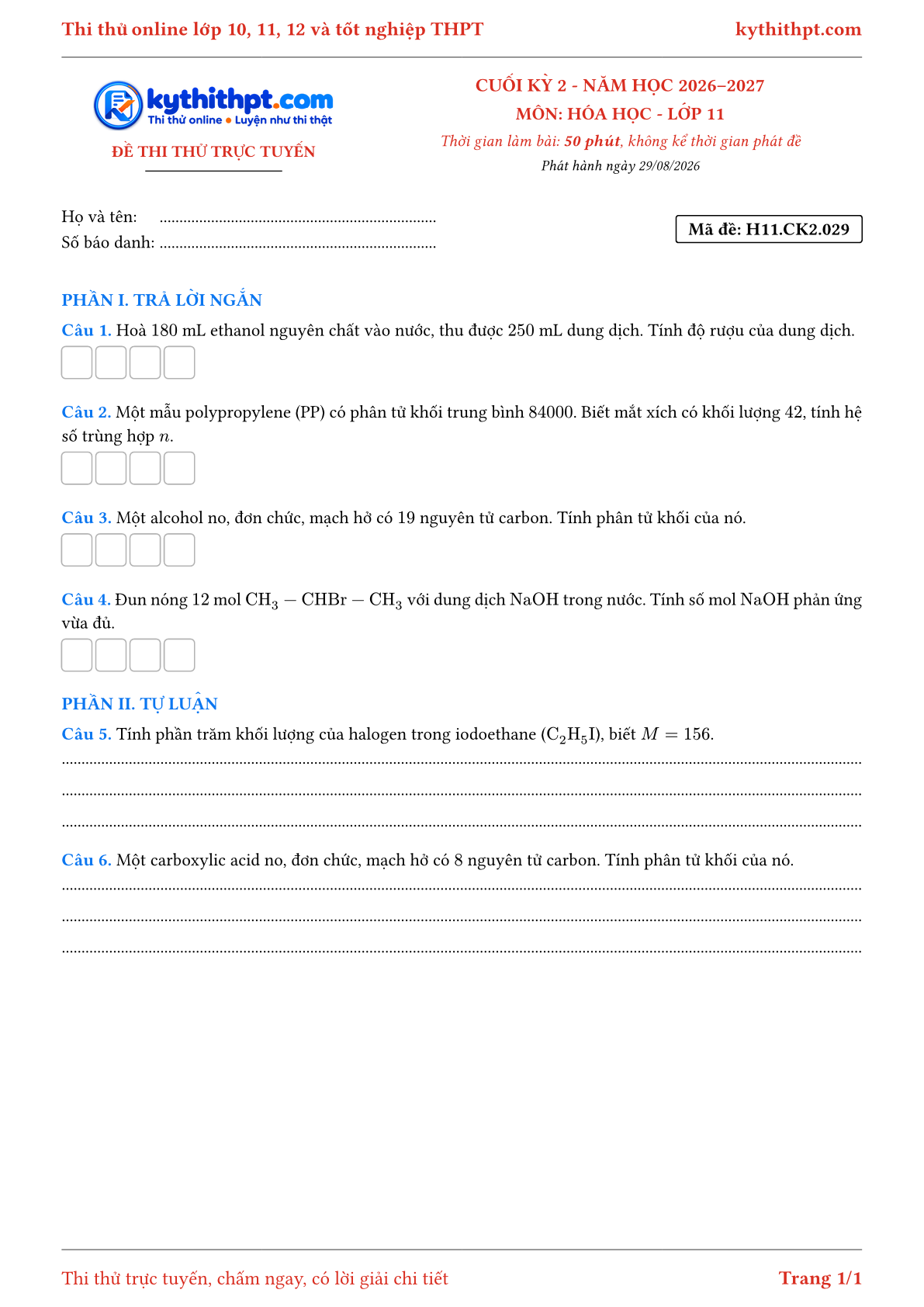 Trang đầu Đề thi thử online cuối kỳ 2 môn Hóa học lớp 11 - trả lời ngắn + tự luận - đề 029