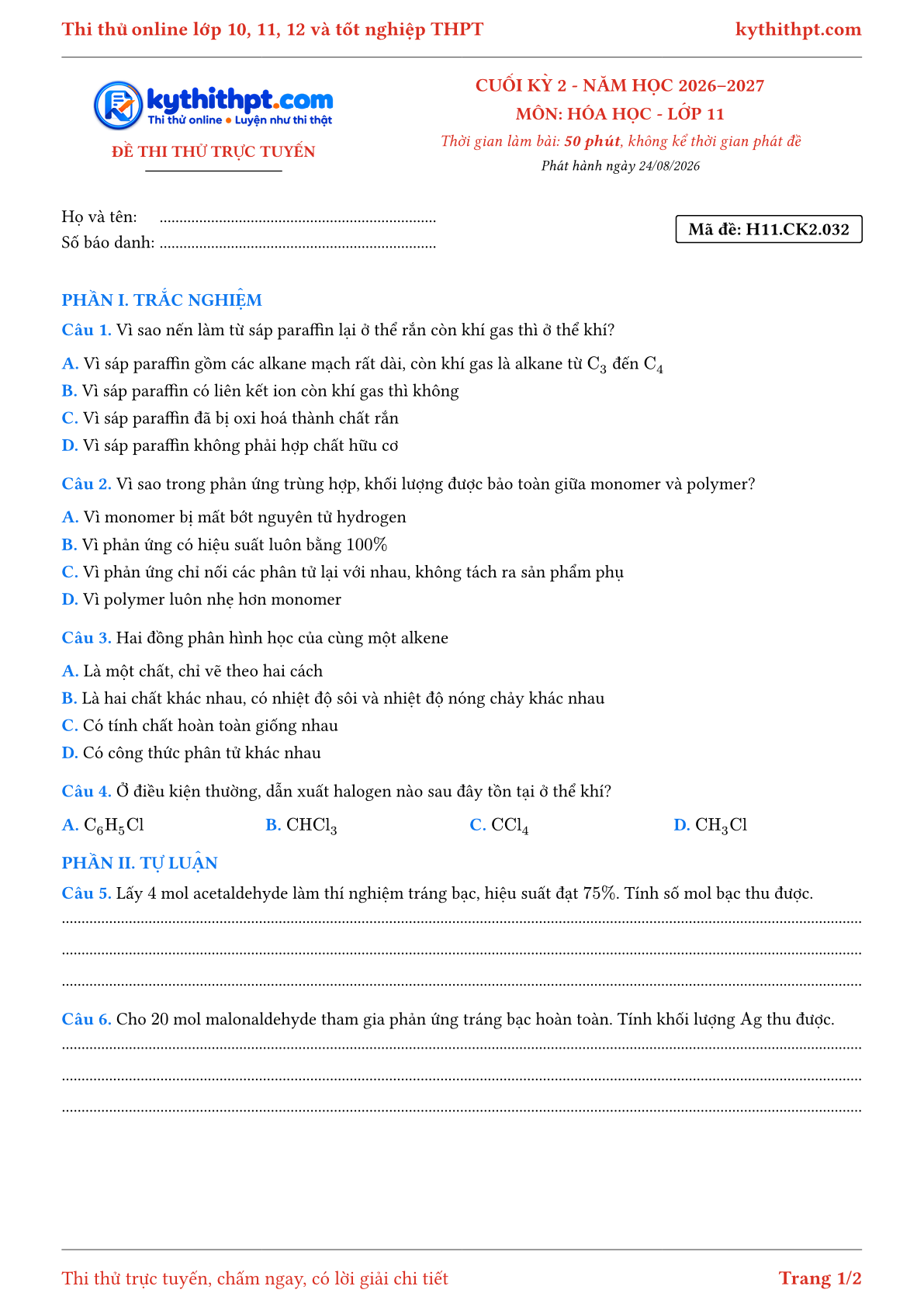Trang đầu Đề thi thử online cuối kỳ 2 môn Hóa học lớp 11 - trắc nghiệm + tự luận nâng cao - đề 032