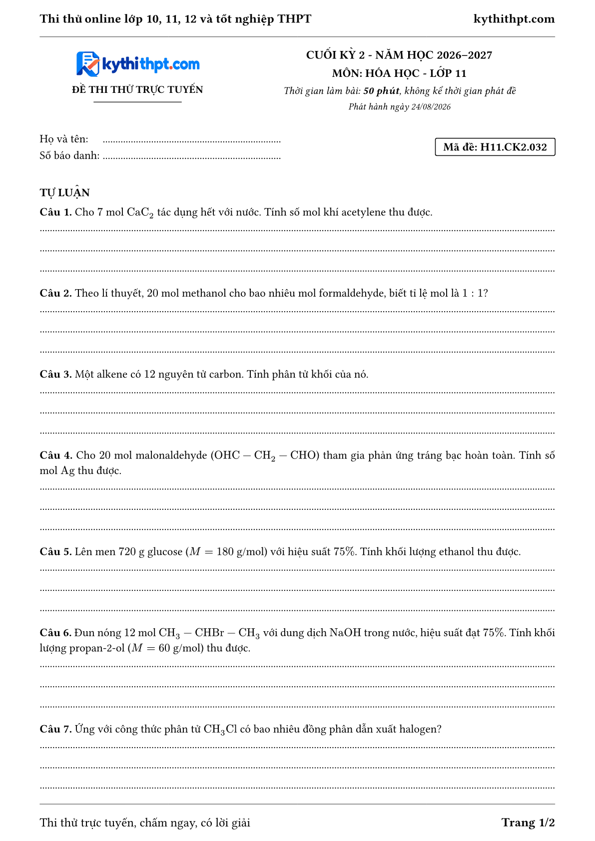 Trang đầu Đề thi thử online cuối kỳ 2 môn Hóa học lớp 11 - full tự luận - đề 032